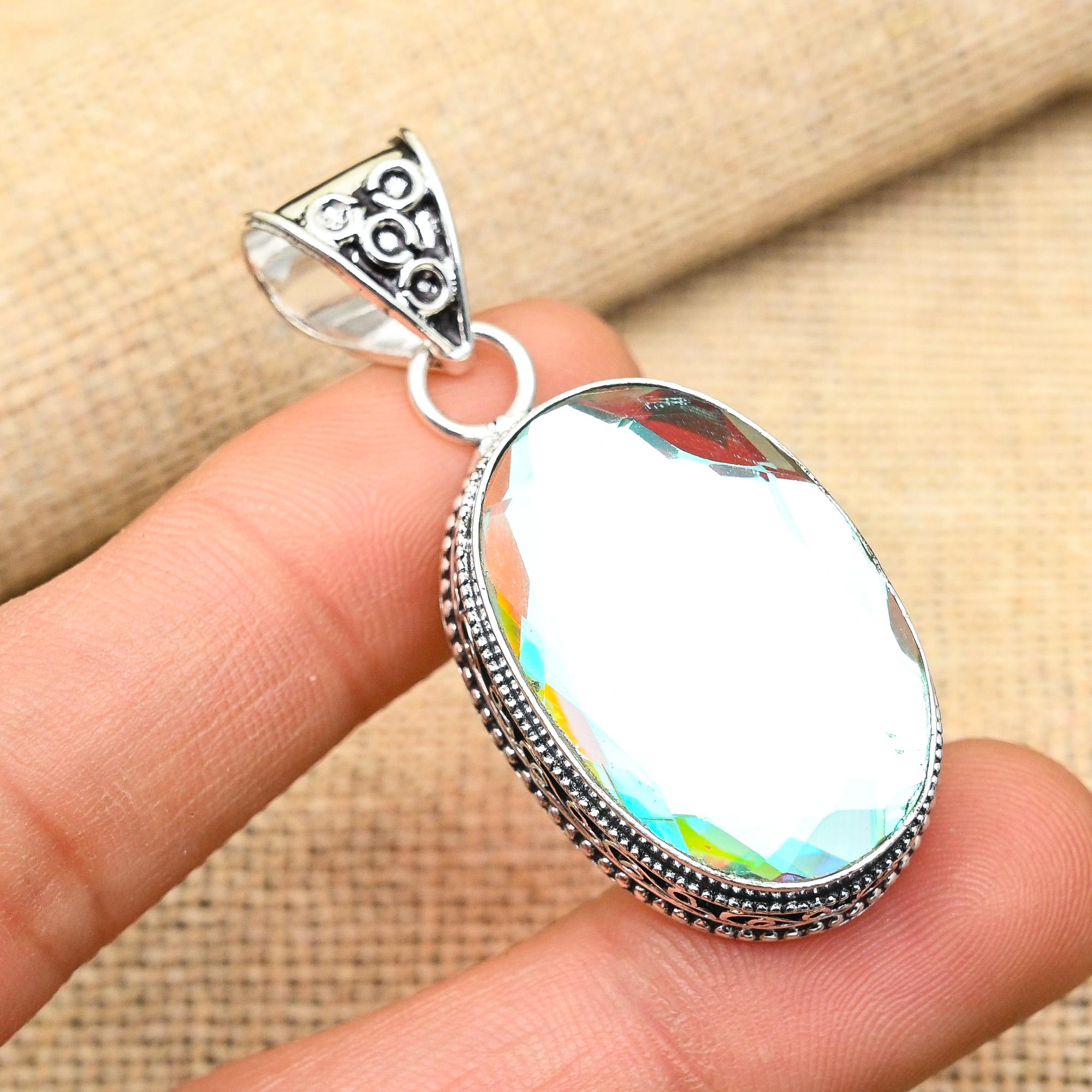 Rainbow Mystic Topaz Gemstone Handmade 925 Solid Sterling Silver Jewelry Pendant For Her