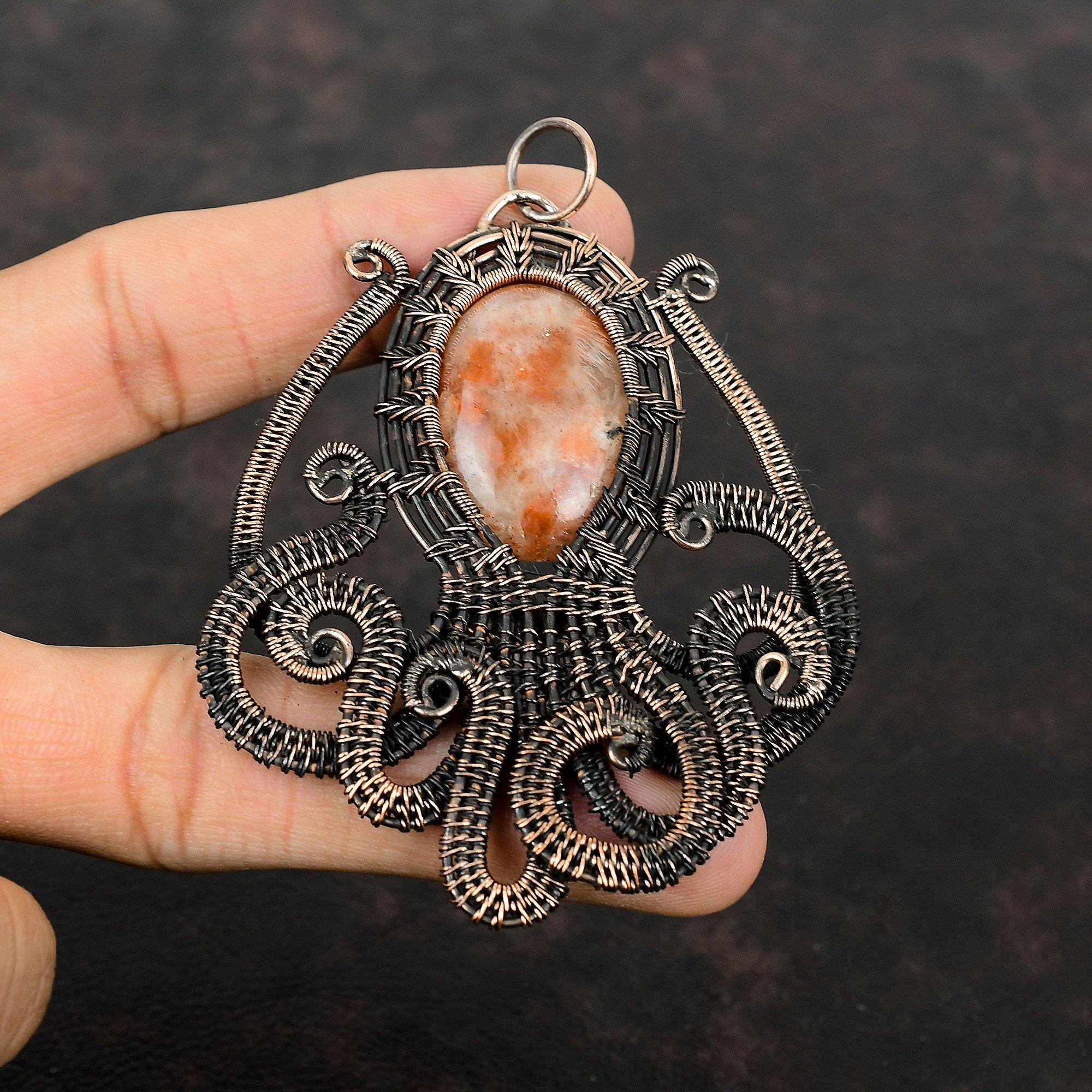 Кулон из солнечного камня, кулон, обернутый медной проволокой, кулон с драгоценным камнем, кулон в виде осьминога, украшения, обернутые проволокой, кулон ручной работы, медные украшения, подарки на годовщину