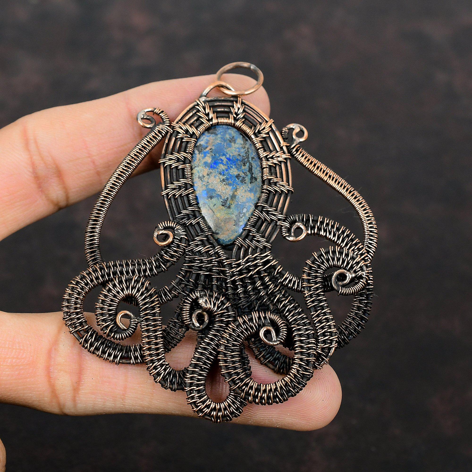 Azurite Malachite Pendant Copper Wire Wrapped Pendant Gemstone Handmade Pendant Copper Wire Wrap Jewelry Decent Octopus Pendant Gift For Him