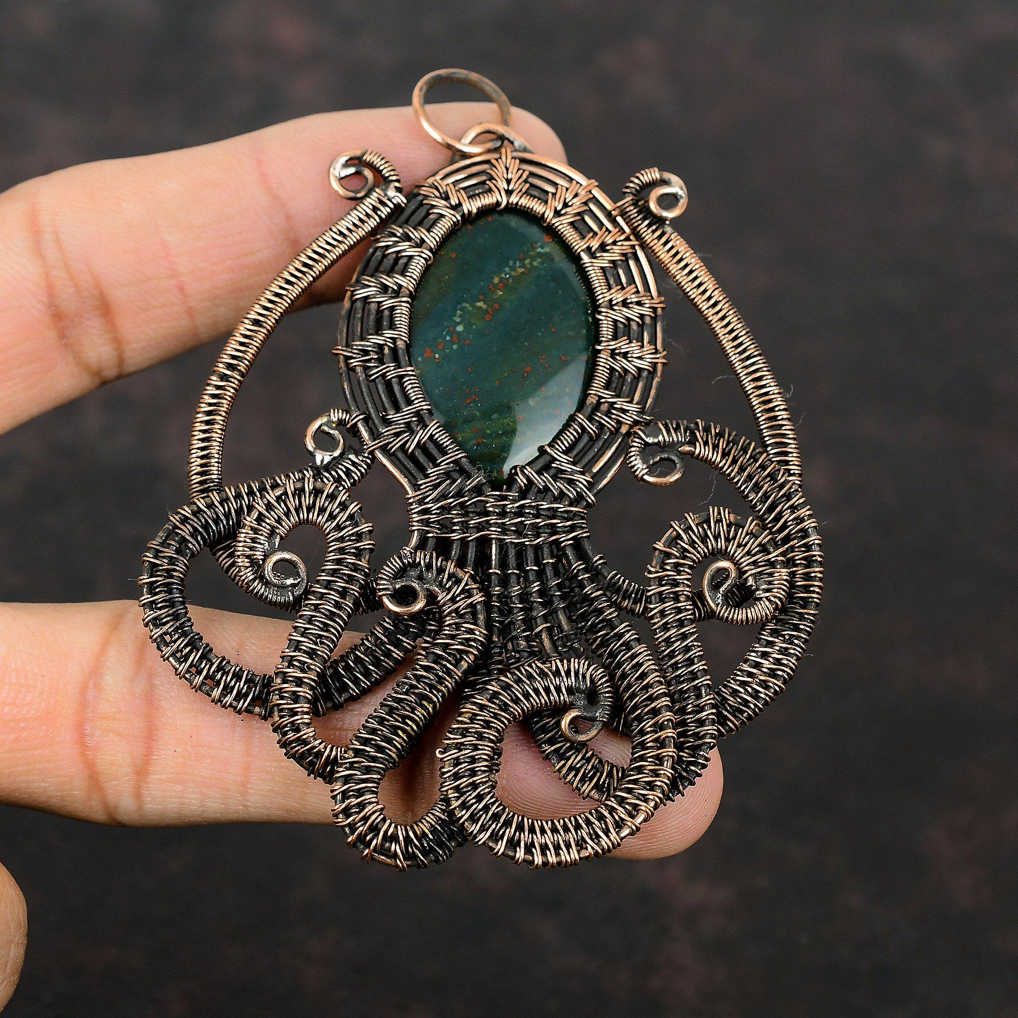 Bloodstone Copper Pendant Wire Wrapped Pendant Octopus Pendant Wire Wrap Gemstone Jewelry Handmade Pendant Wonderful Copper Jewelry For Gift