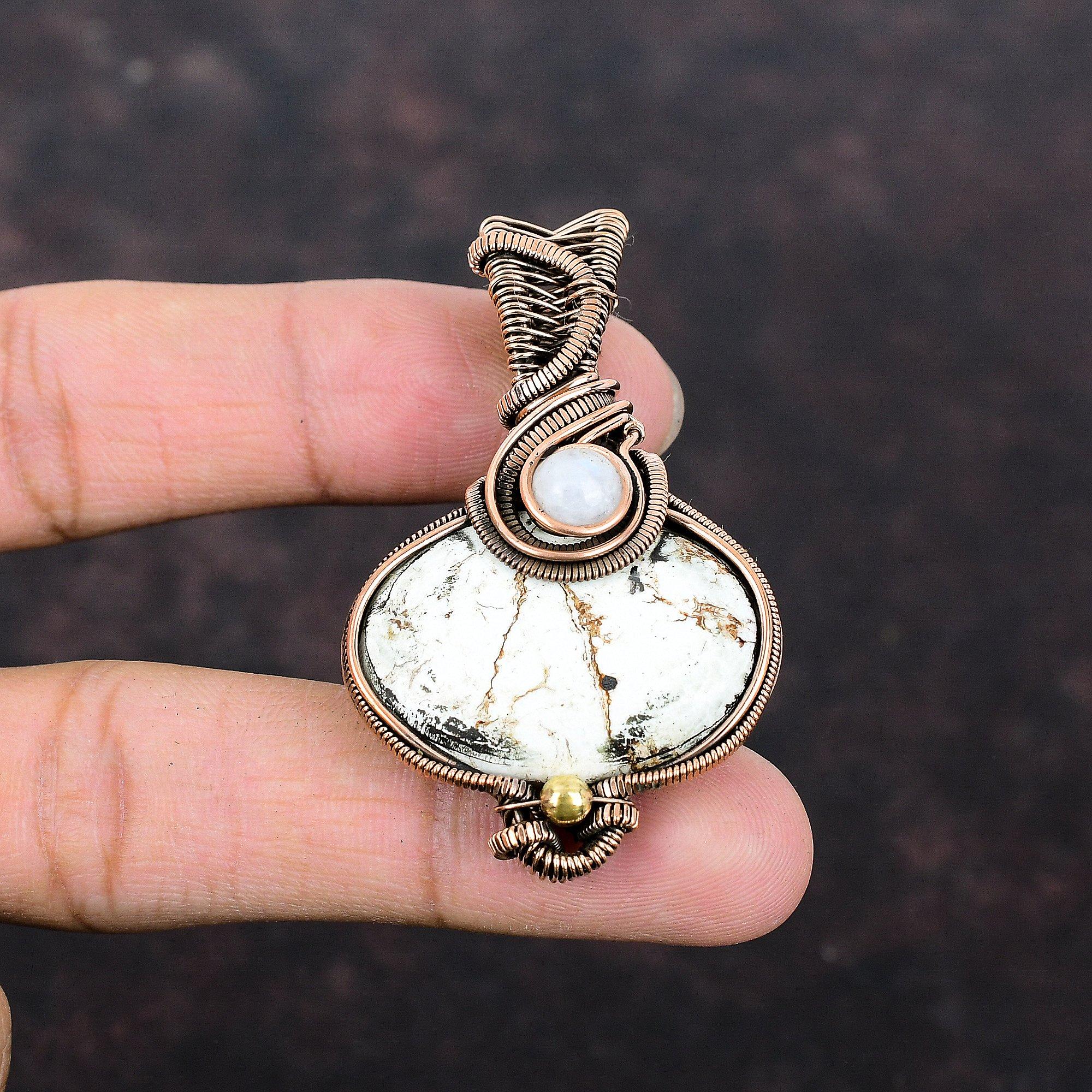 Подвеска из магнезита дикой лошади, обернутая медной проволокой, подвеска из радужного лунного камня, драгоценный камень, медная бижутерия, подвеска ручной работы, подарок для матери