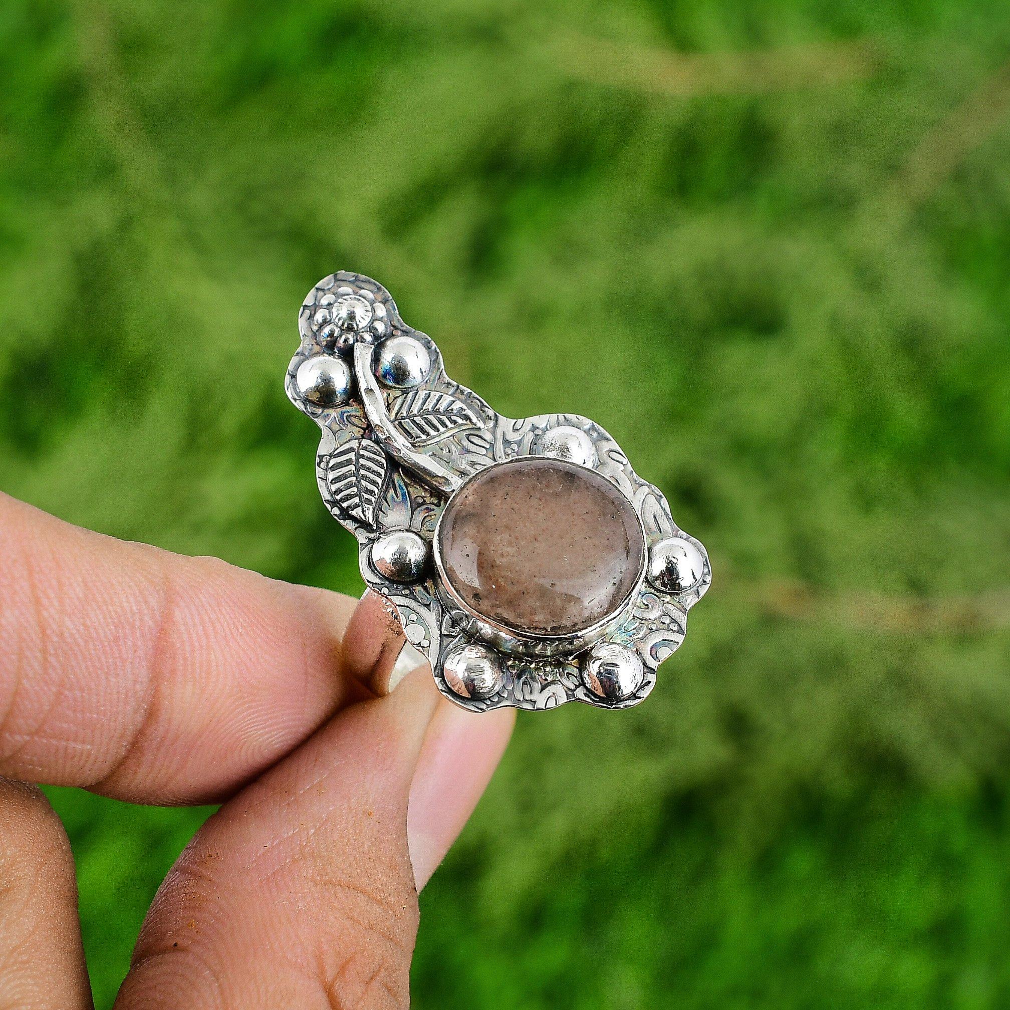 925 Sterling Silver Sunstone Gemstone Bezel Promise Flower Ethnic Stackable Ring