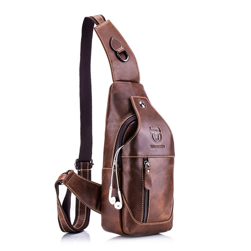 BULLCAPTAIN Leather Messenger Bags Men's Casual Bag for Men Chest Bag Brand Designer Multi-function Headphone Jack Chest Pack