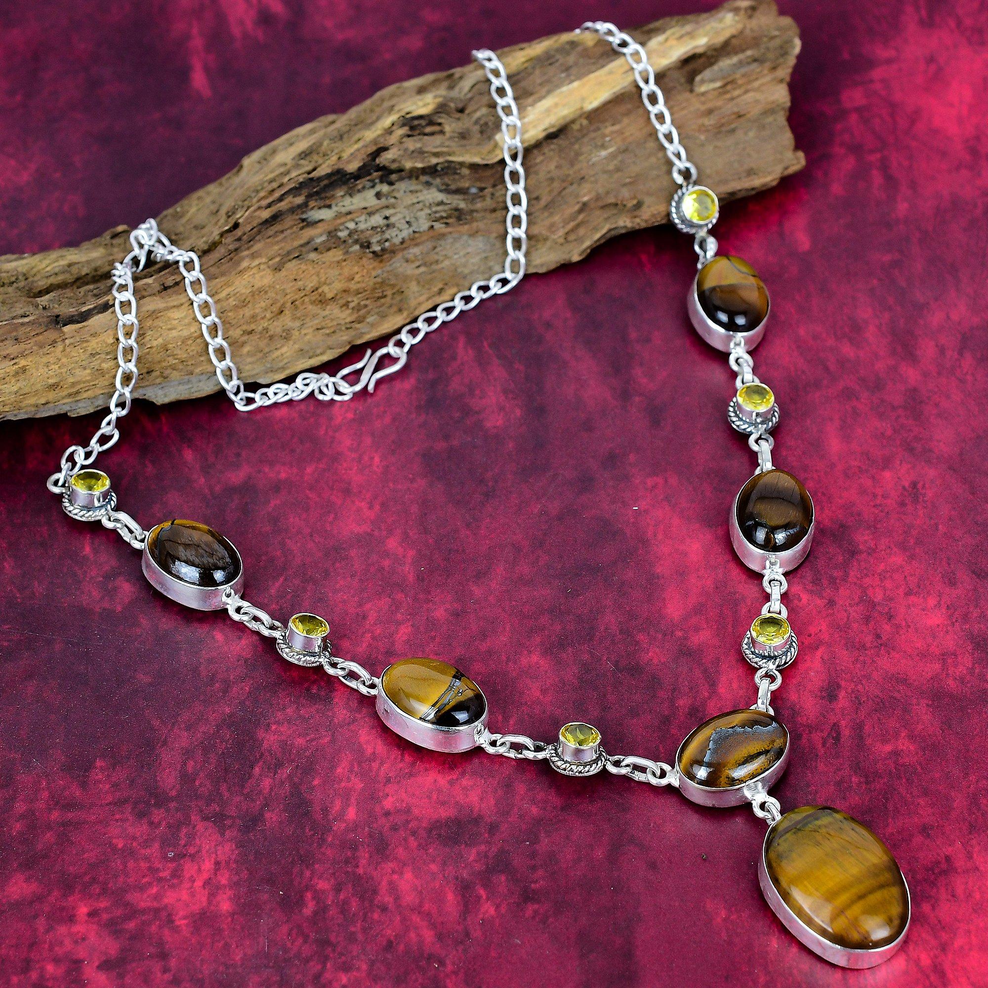 Ожерелье из тигрового глаза и цитрина из стерлингового серебра 925 пробы, регулируемое, цепочка, ожерелье из драгоценных камней ручной работы, подарок для мамы, антикварные украшения