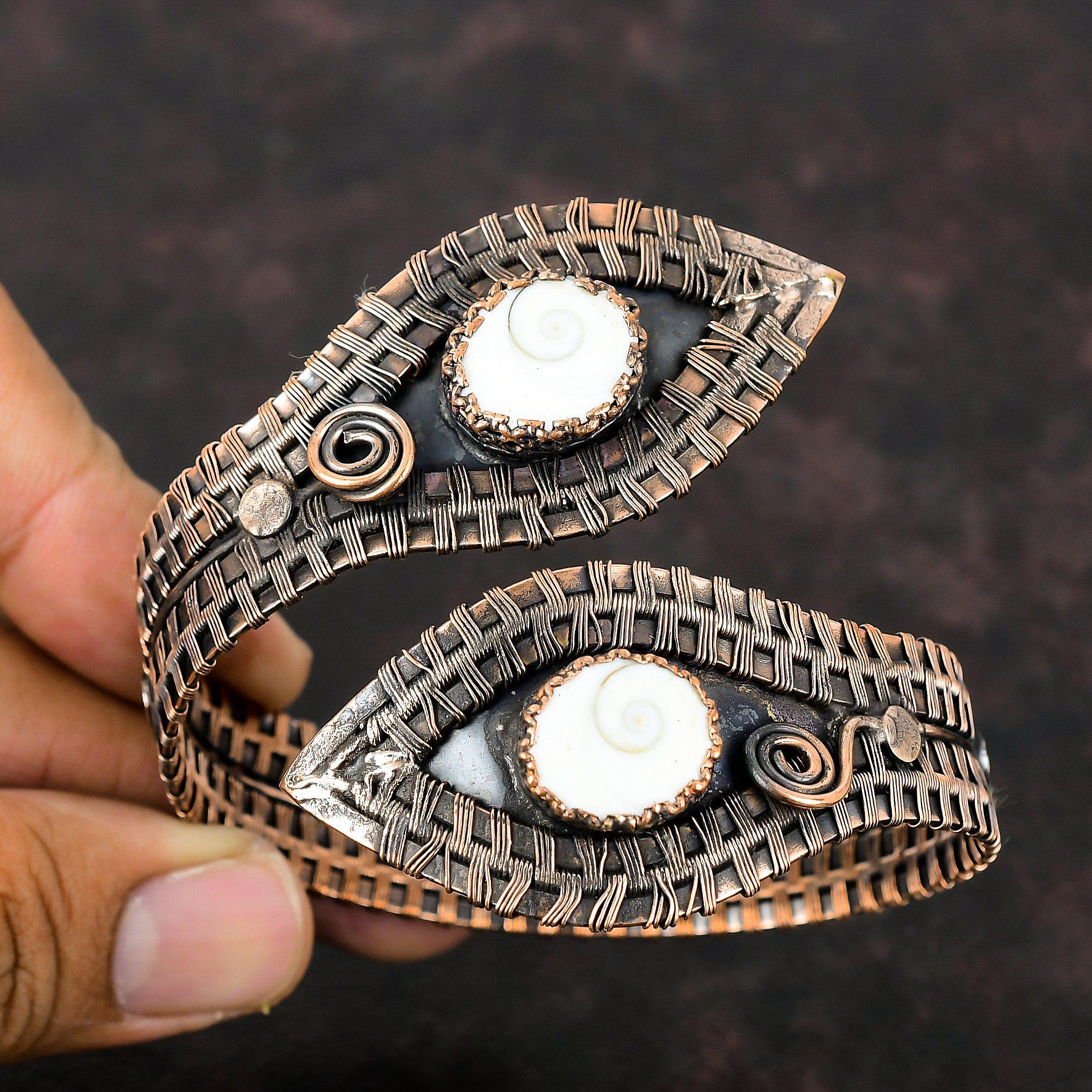 Браслет-манжета из ракушки глаза Шивы, драгоценный камень, браслет из медной проволоки, регулируемый браслет-манжета, браслет ручной работы, дизайнерские медные украшения, подарок на годовщину