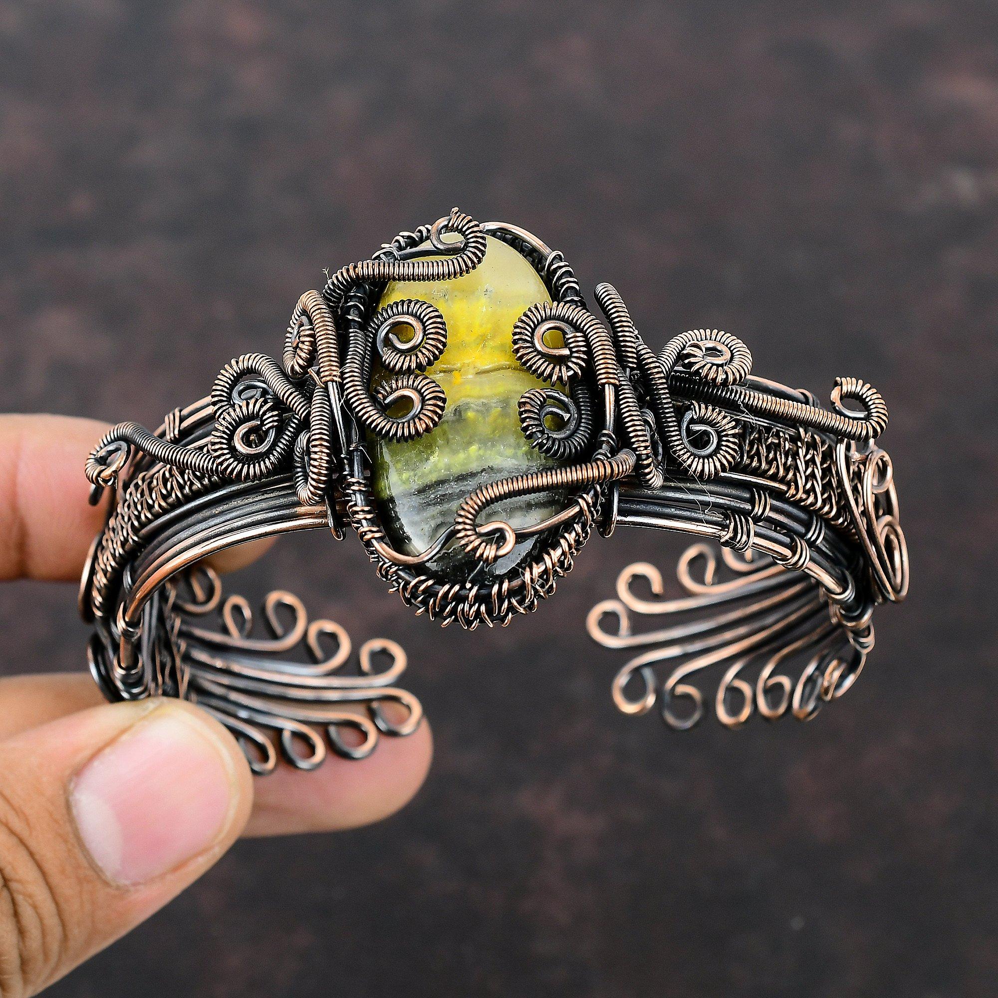 Браслет-манжета из яшмы с шмелем, медная проволока, браслет, драгоценный камень, медные украшения, регулируемый браслет ручной работы, свадебный подарок, ювелирные изделия из проволочной обмотки