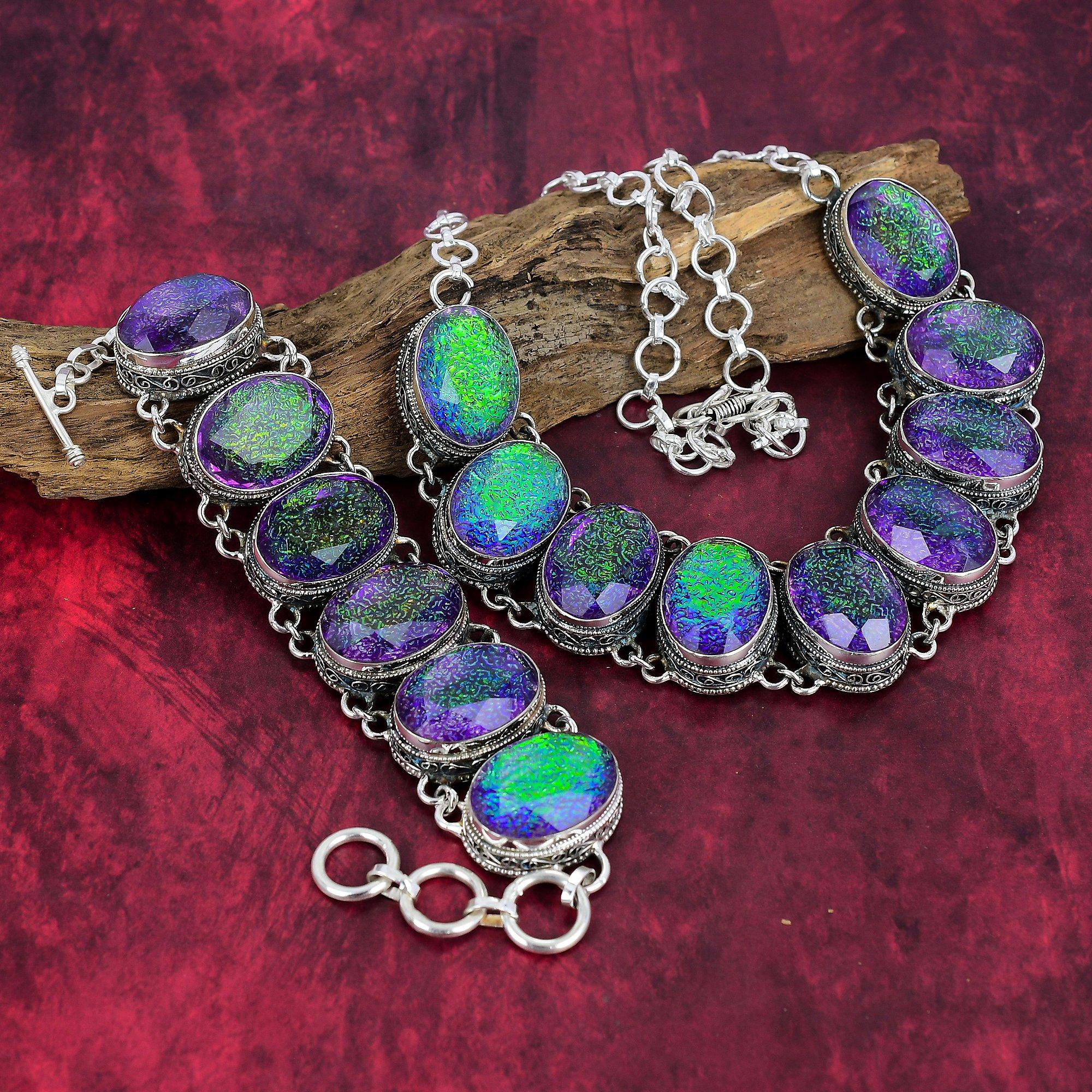 Ювелирные изделия из фиолетового триплетного опала, ювелирные изделия ручной работы из стерлингового серебра 925 пробы, уникальный комплект ювелирных изделий для женщин с браслетом и ожерельем