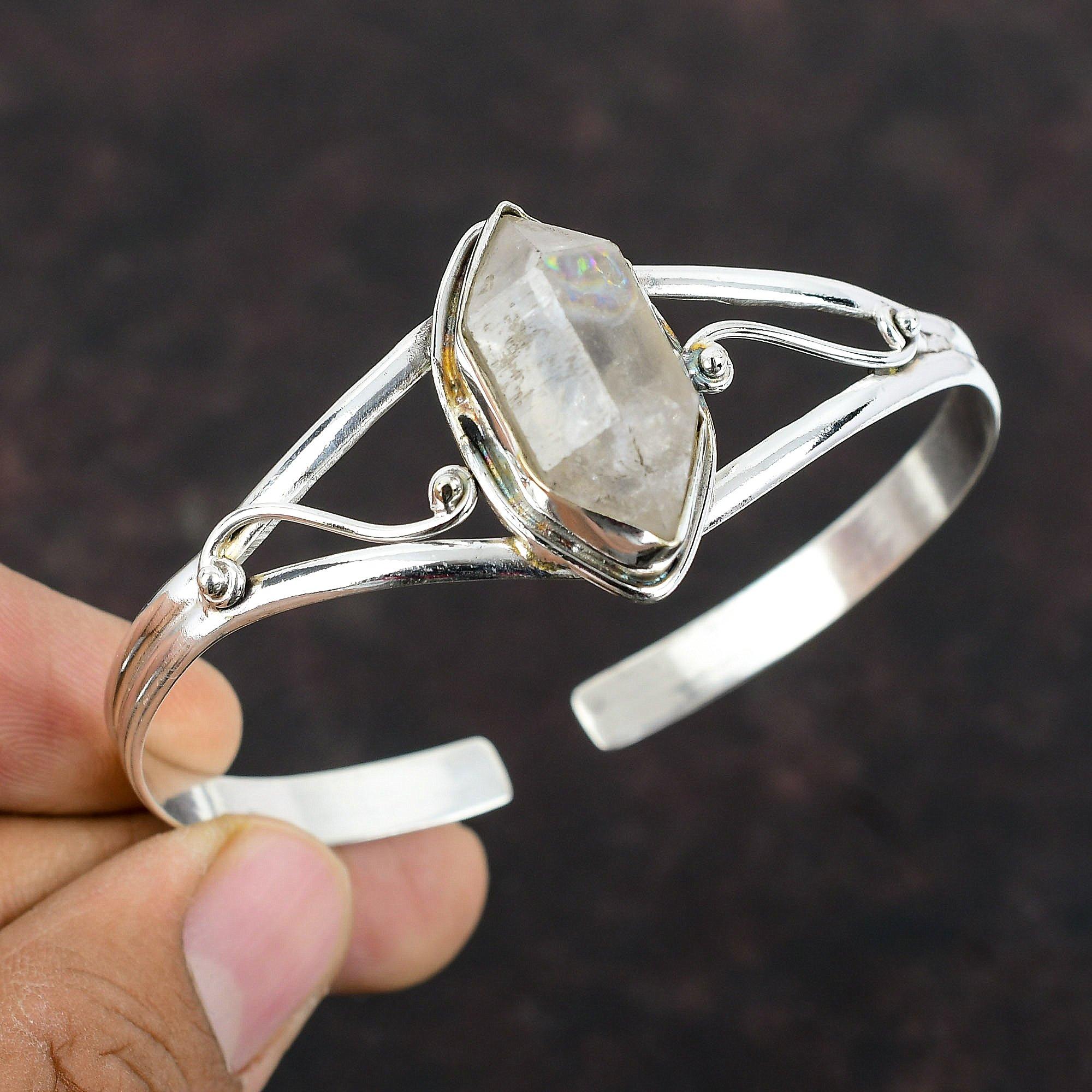 Herkimer Бриллиантовый браслет Браслет-манжета ручной работы Стерлинговое серебро 925 пробы Браслет-манжета Драгоценный камень Регулируемый браслет Подарок для нее Ювелирные изделия в стиле бохо