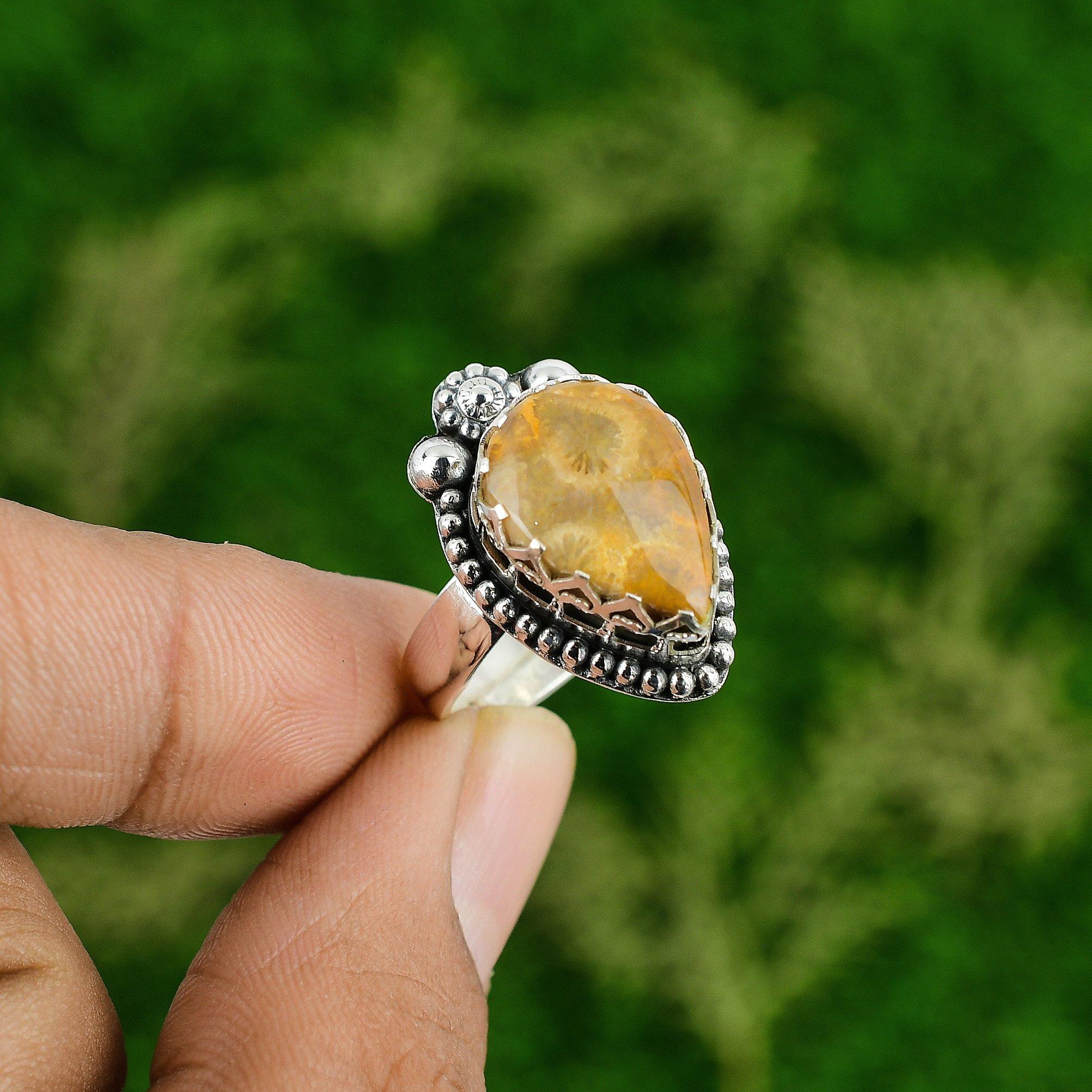 Sterling Silver Fossil Coral Gemstone Promise Stackable Root Chakra Ring Jewelry