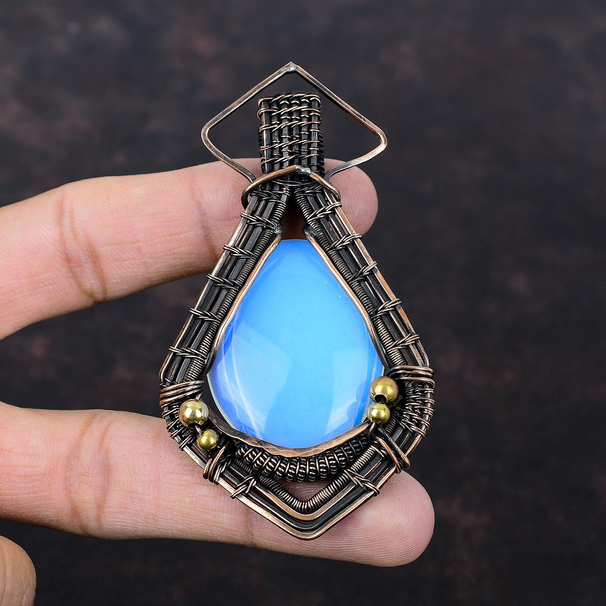 Подвеска из молочного опала, обернутая медной проволокой, подвеска ручной работы, ювелирное изделие из молочного опала, подвеска из драгоценных камней, обернутая медной проволокой, подарок на помолвку