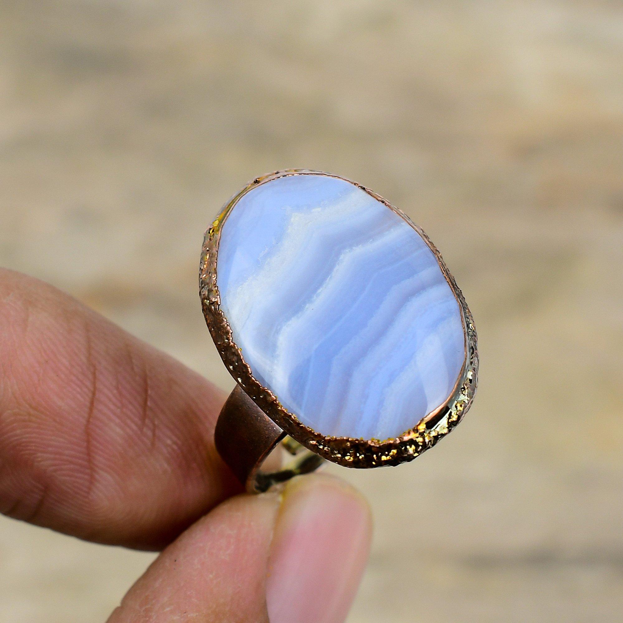 Кольцо с голубым кружевным агатом, гальванопластическое медное кольцо, регулируемые кольца, ювелирные изделия ручной работы, кольцо с драгоценным камнем, гальванопластическое медное ювелирное изделие, подарок на годовщину