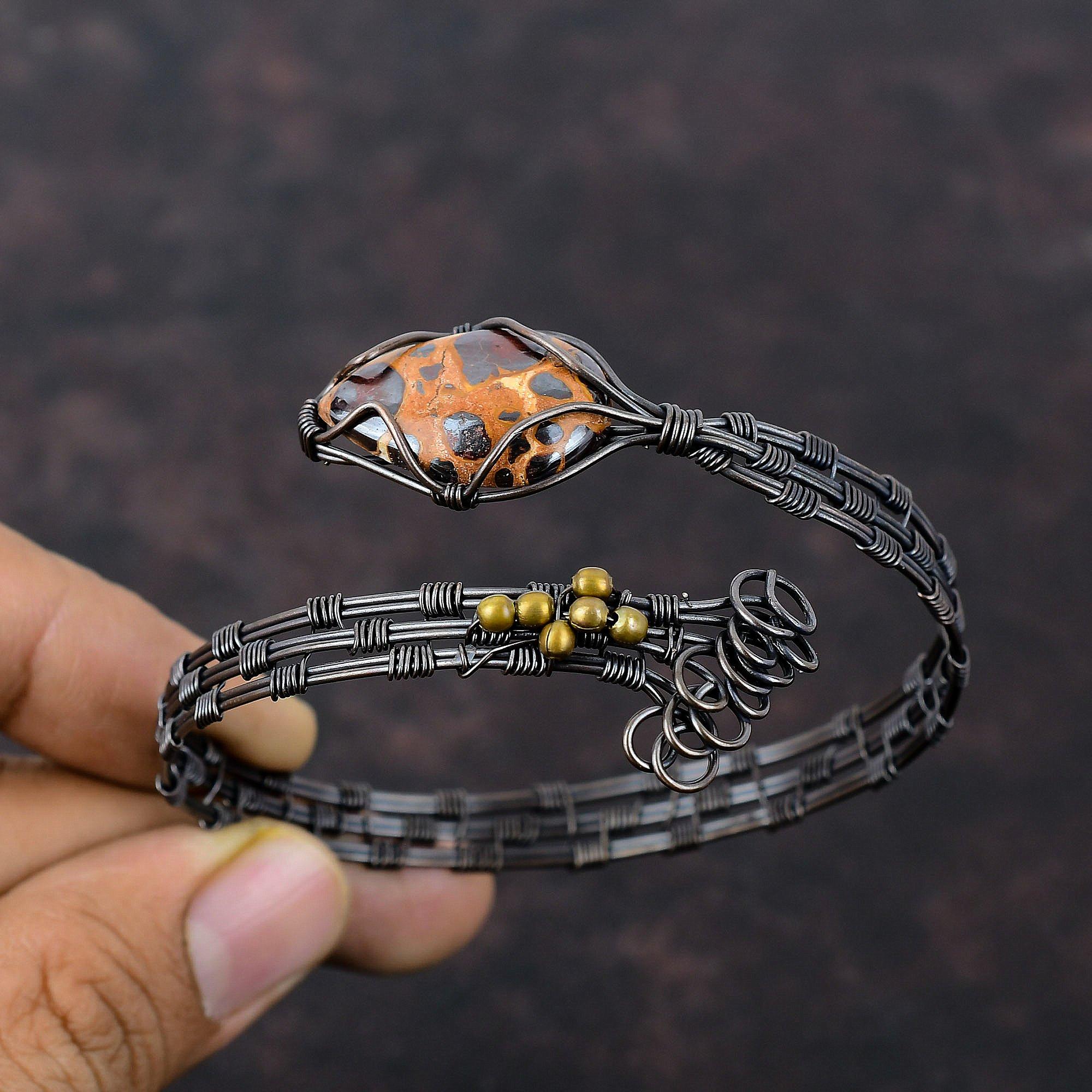 Bauxite Bangle Gemstone Bracelet Copper Wire Wrapped Adjustable Cuff Bracelet Copper Wire Wrap Jewelry Gift For Mom Handmade Designer Bangle