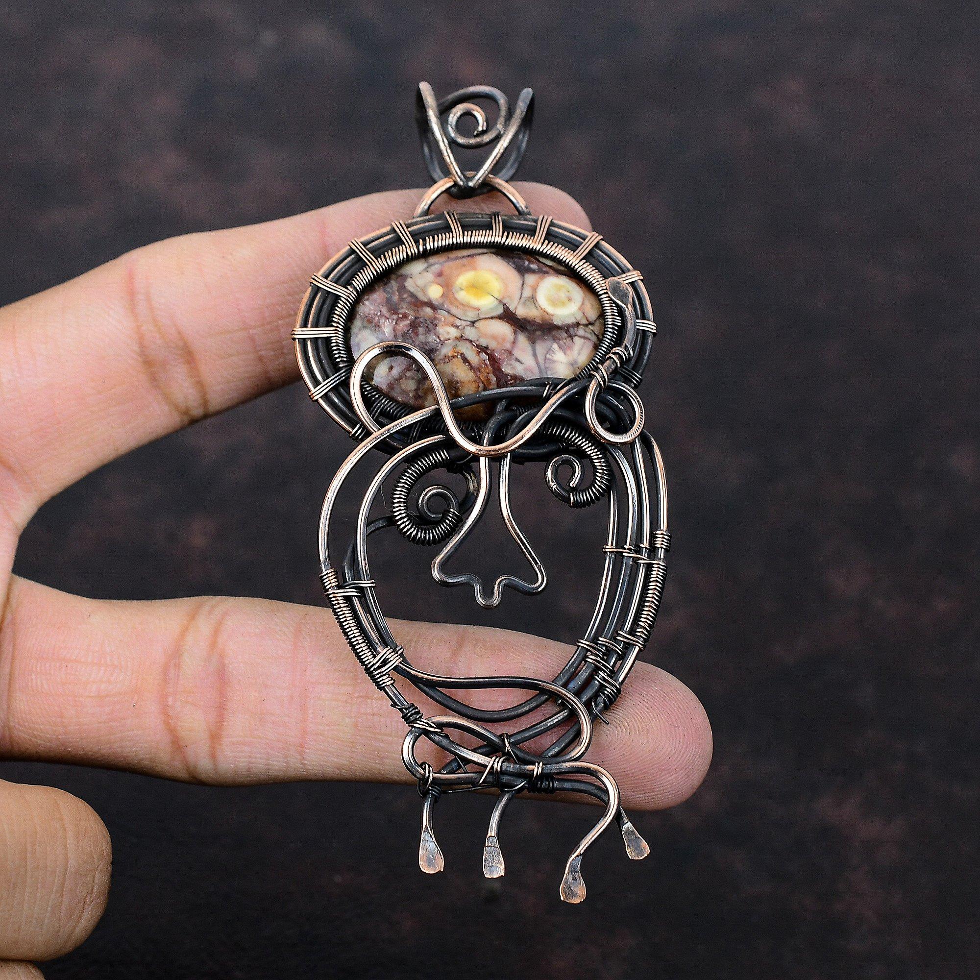 Пейзажная Яшма Медный Кулон Кулон, Оплетенный Проволокой Ручной Работы Медные Украшения Оригинальный Кулон с Драгоценным Камнем Уникальные Украшения из Проволоки Подарок для Нее