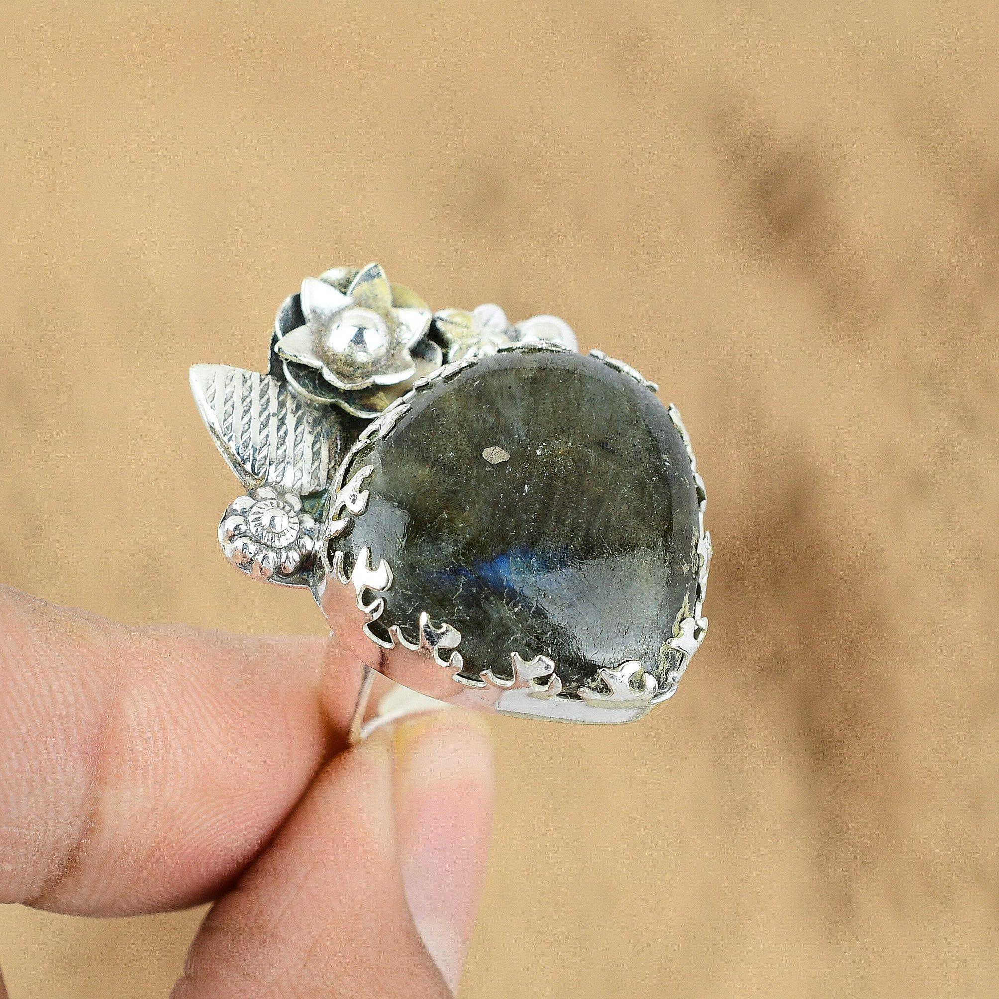 Распродажа ко Дню матери Кольцо-цветок обещания из натурального лабрадорита и мультикамней, серебро 925 пробы
