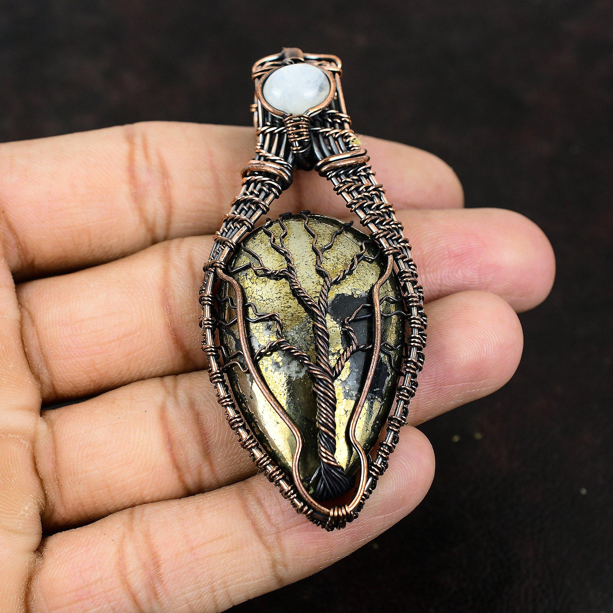 Древо жизни Пирит Драгоценный камень Подвеска Медная проволока Обернутая подвеска Медная проволока Ювелирные изделия Радужный лунный камень Ювелирные изделия Подарок для нее Дизайнерский кулон