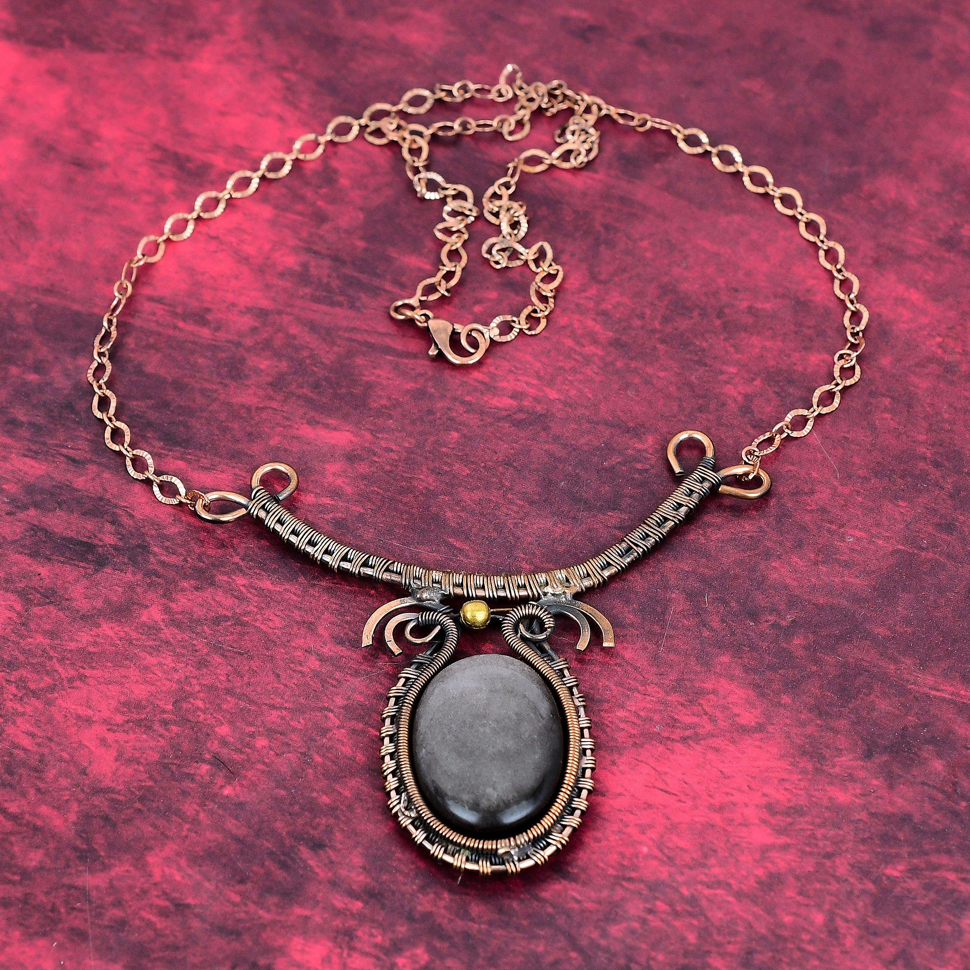 Silver sheen obsidian necklace copper wire wrapped jewelry dainty gemstone necklace handmade jewelry adjustable chain necklace wedding gifts