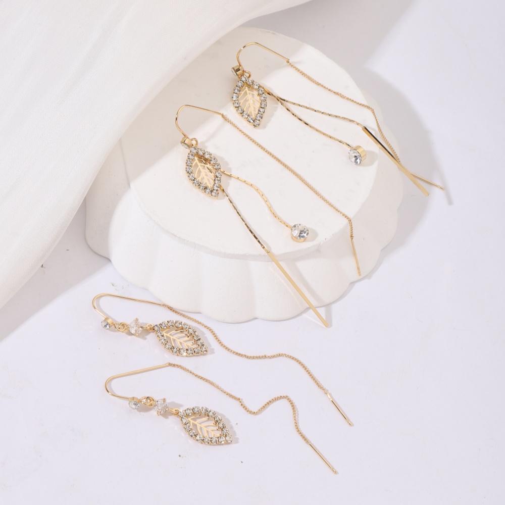 1Pair Luxuri Ous Cubic Zirconia Leafs Ear Line Long Hanging Drop Earrings for Women Piercing Threader Earing Ear Accessories Jewelry