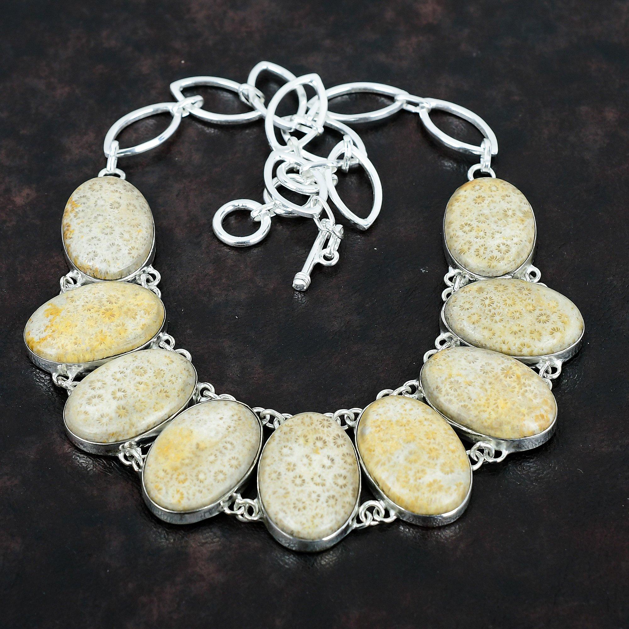 Ожерелье из ископаемого коралла с драгоценными камнями, ожерелье из стерлингового серебра 925 пробы, регулируемое ожерелье-цепочка, ювелирные изделия из настоящего ископаемого коралла, ожерелье ручной работы для подарков