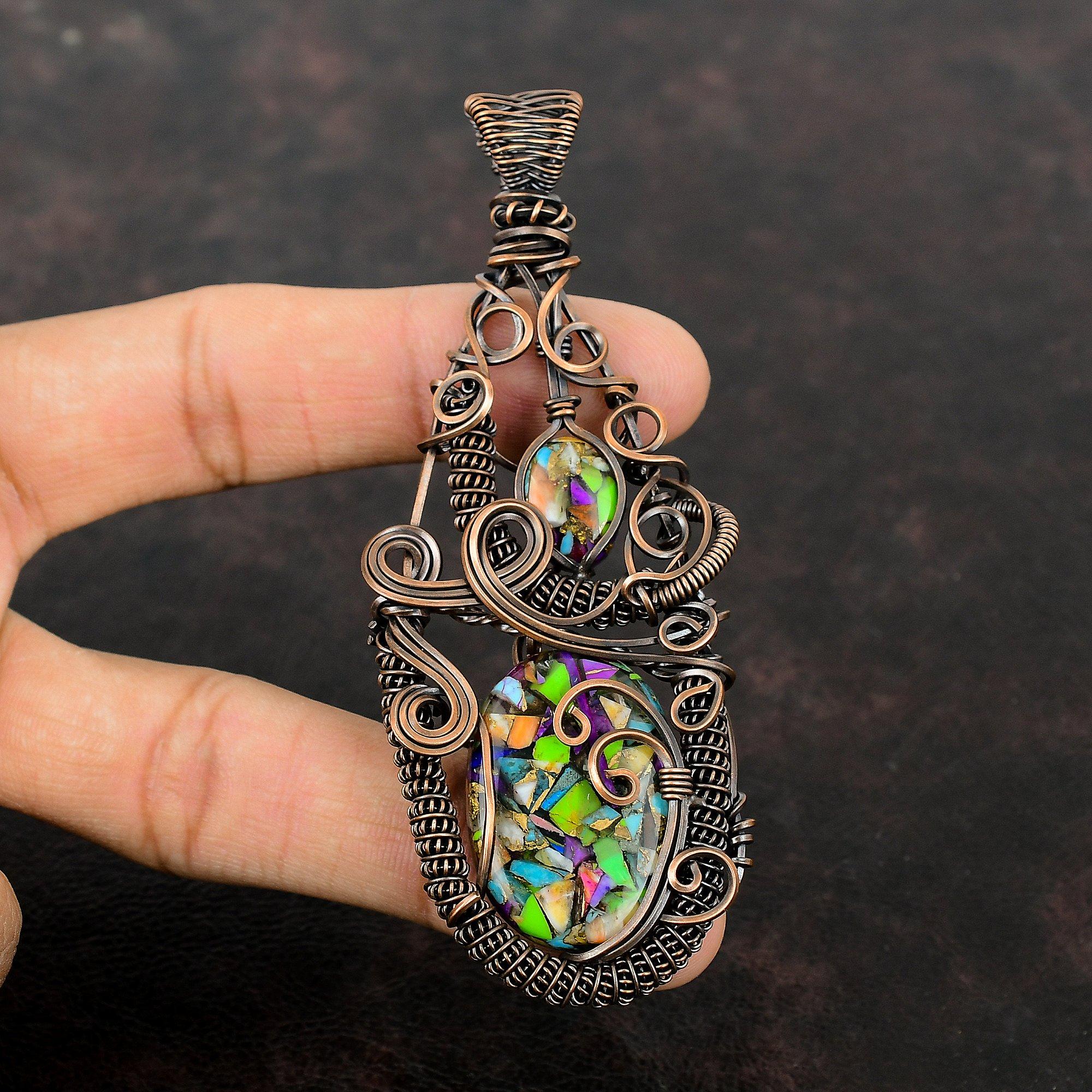 Кулон с бирюзой Кингман, обернутый медной проволокой, кулон с драгоценным камнем, ручная работа, многоцветный медный кулон с бирюзой, уникальные медные украшения для подарка