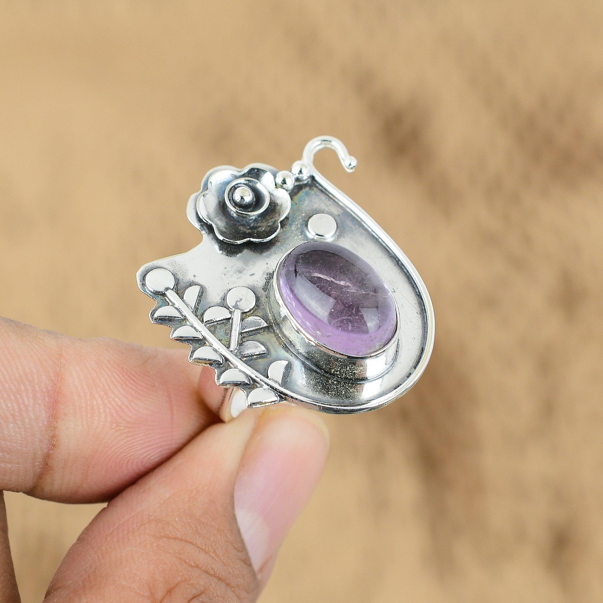 Natural African Amethyst 925 Silver Promise Flower Adjustable Ring For Women