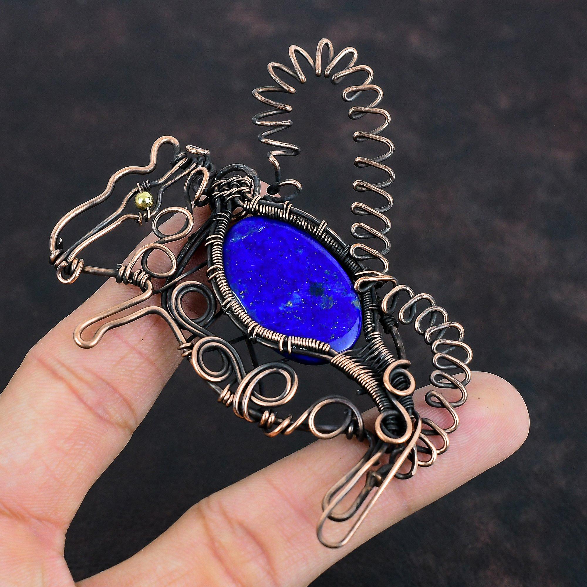Подвеска из лазурита и меди, обернутая проволокой, подвеска из драгоценного камня, медный кролик, ювелирное изделие ручной работы, уникальный стиль, подвеска, обернутая проволокой, ювелирное изделие, подарок для нее