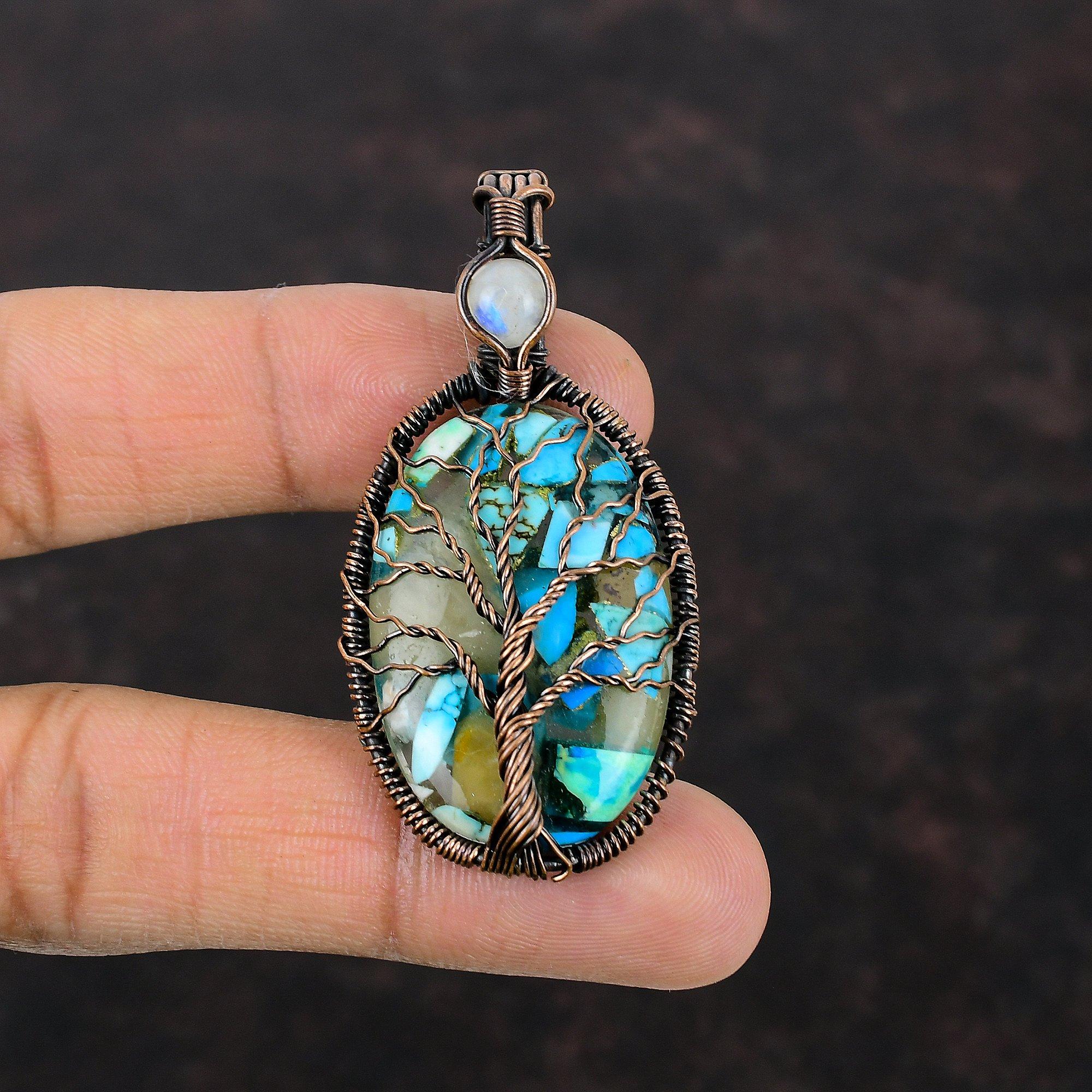 Дерево жизни Медный голубой бирюзовый кулон Медная проволока обернутый кулон Драгоценный камень ювелирные изделия Лунный камень кулон для подарка Медные украшения ручной работы