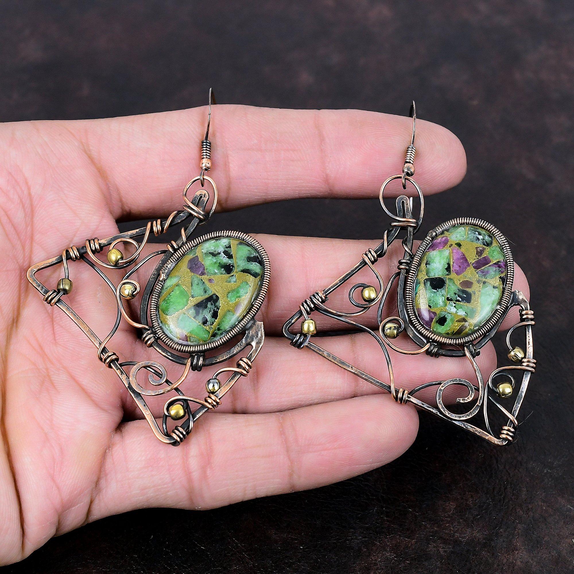 Copper Ruby Zoisite Earring Copper Wire Wrapped Earrings Designer Earring Handmade Jewelry Genuine Gemstone Earring Copper Jewelry For Gift