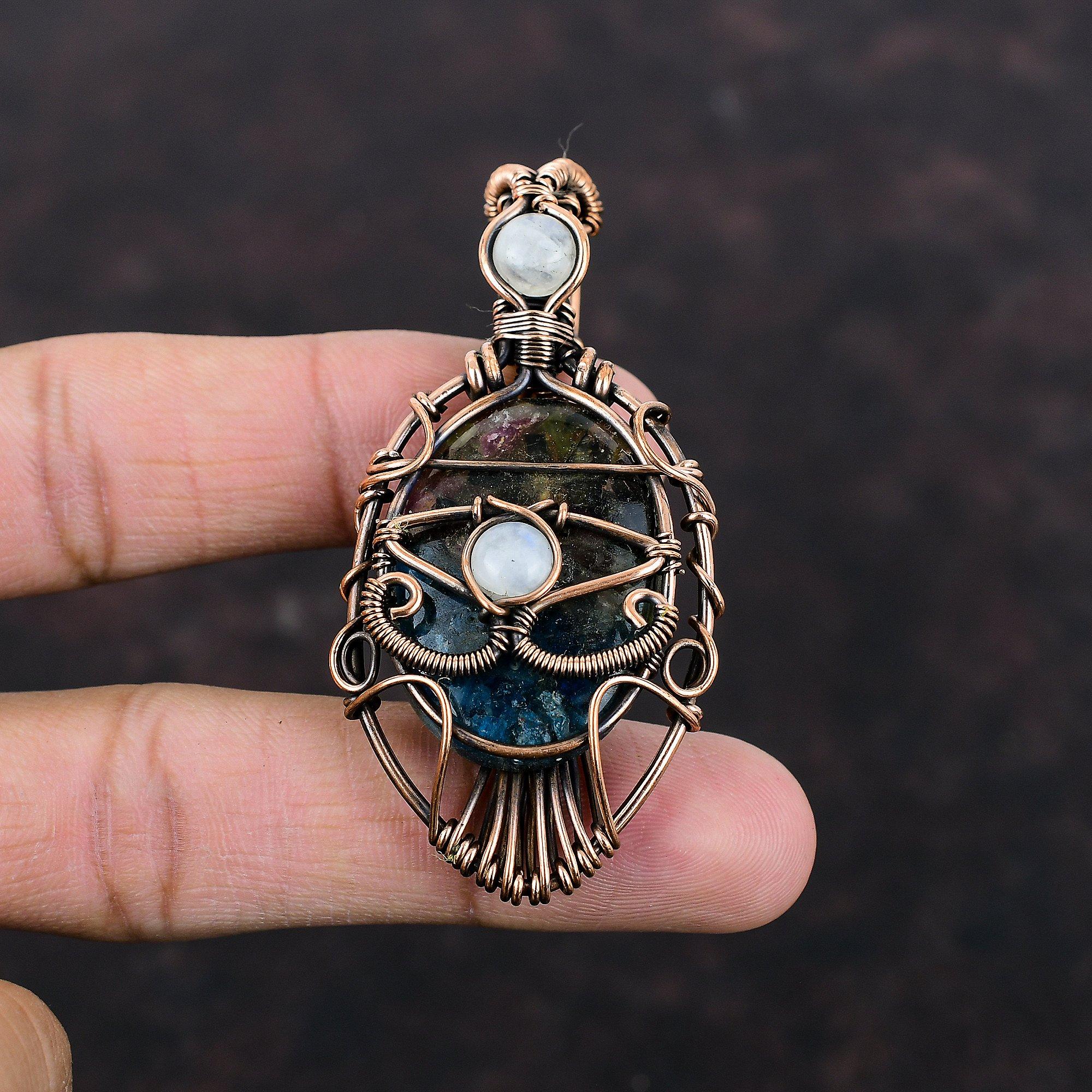 Подвеска с арбузом и турмалином от сглаза, медная проволока, кулон с драгоценным камнем, кулон с радужным лунным камнем, дизайнерские ювелирные изделия ручной работы, подарок для него