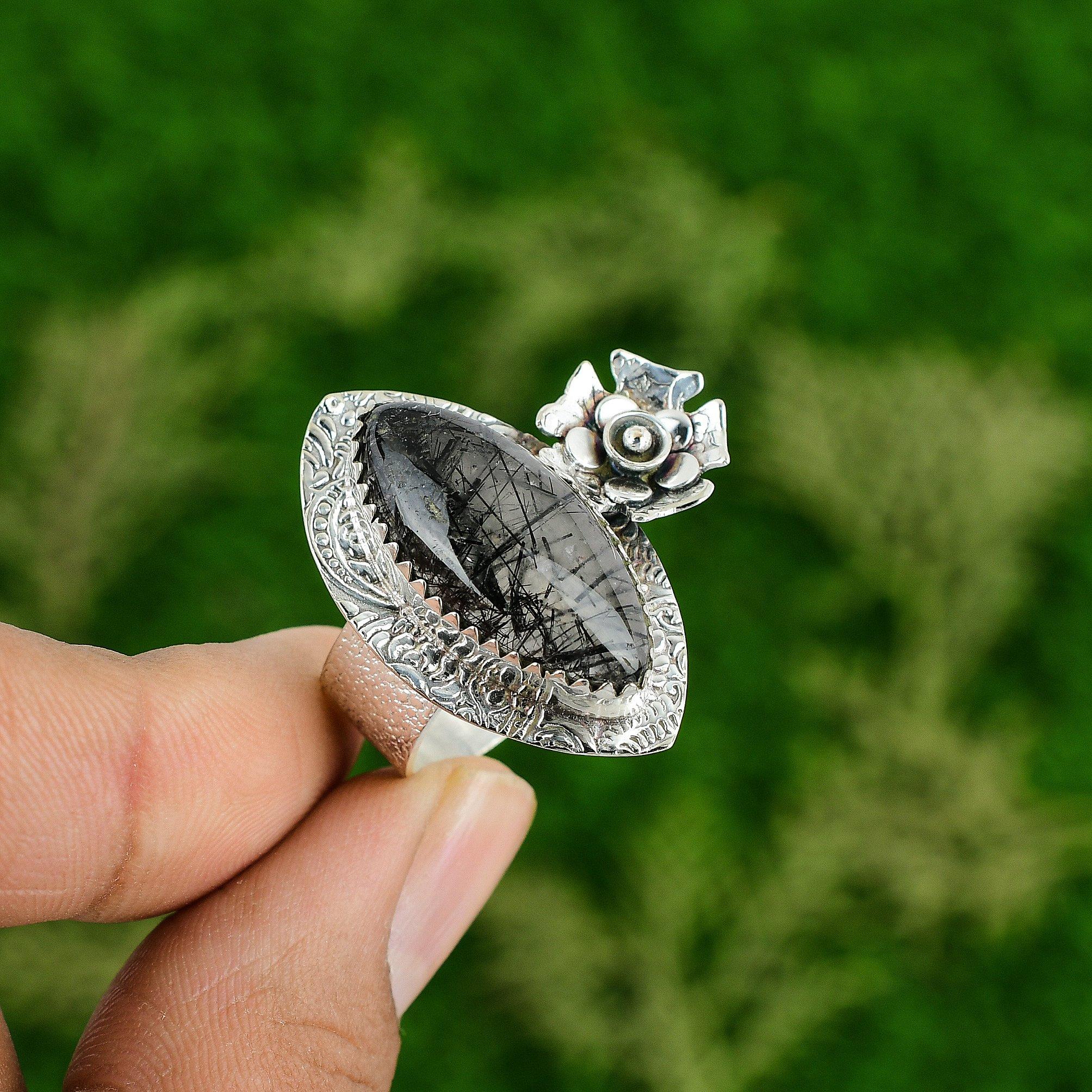 Gift For Her Natural Black Rutile Statement Flower Ring Size 9 925 Silver