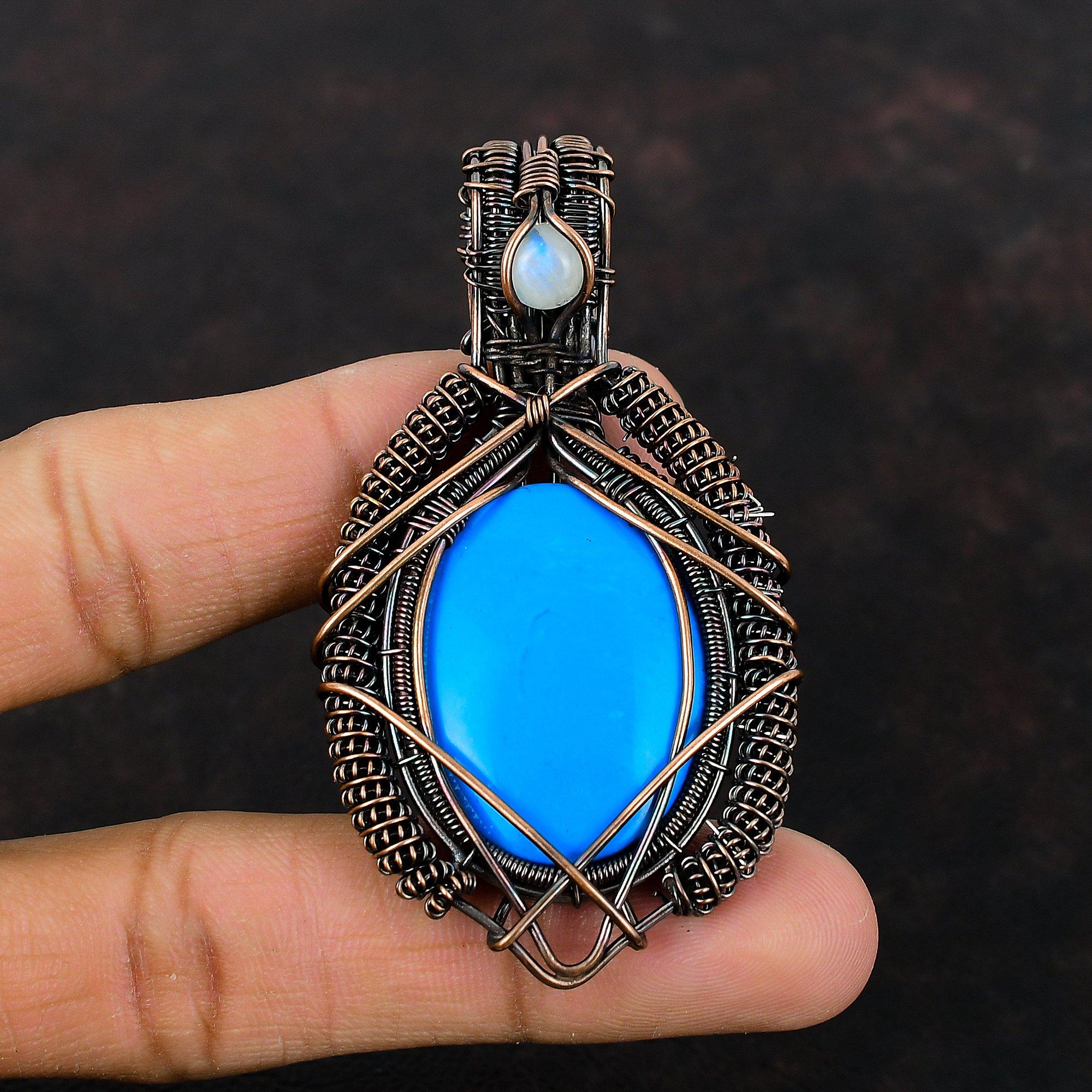 Кулон из бирюзы «Спящая красавица», обернутый медной проволокой, кулон из радужного лунного камня, ручная работа, медные украшения, кулон из драгоценных камней для подарка