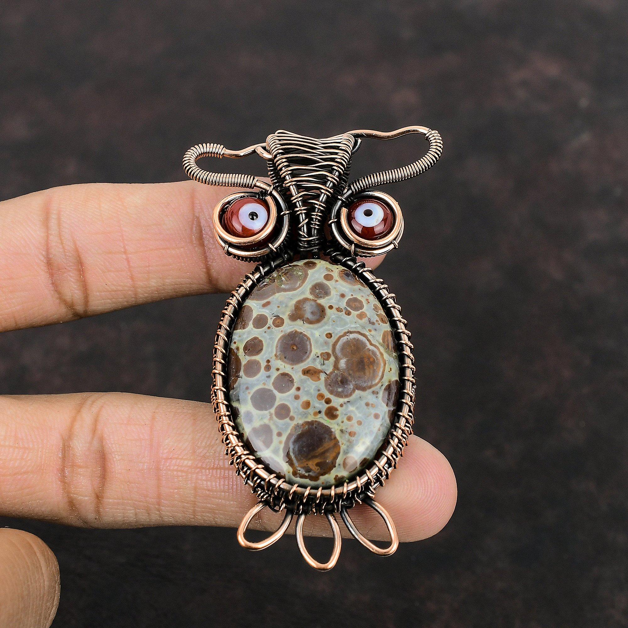 Asteroid Jasper Pendant Red Color Evil Eye Pendant Copper Wire Wrapped Pendants Unique Owl Jewelry Handmade Pendant Gemstone Copper Jewelry