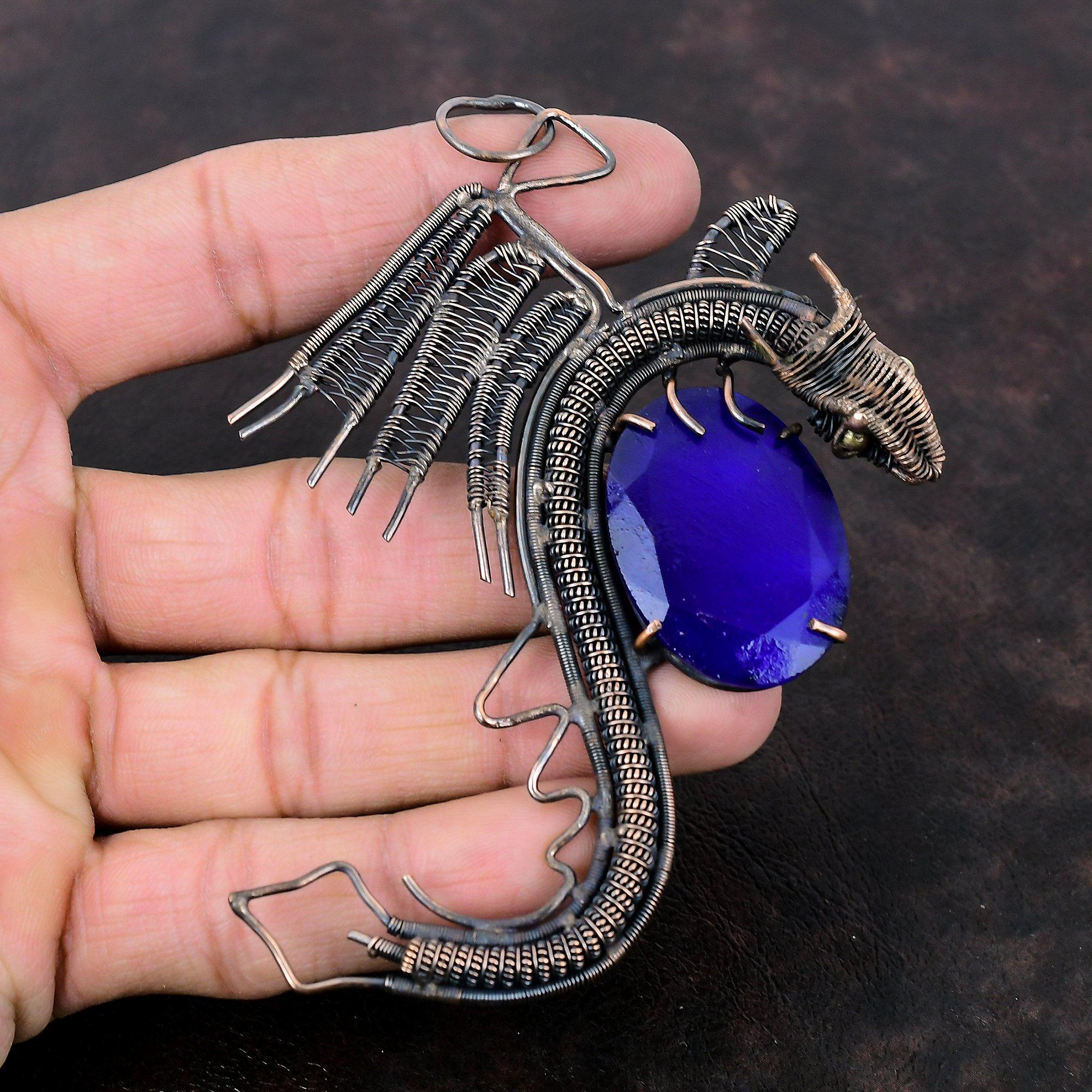 Кулон с граненым синим сапфиром, кулон из медной проволоки, кулон ручной работы с драконом, ювелирные изделия из медной проволоки, кулон из настоящего драгоценного камня, подарок для мамы