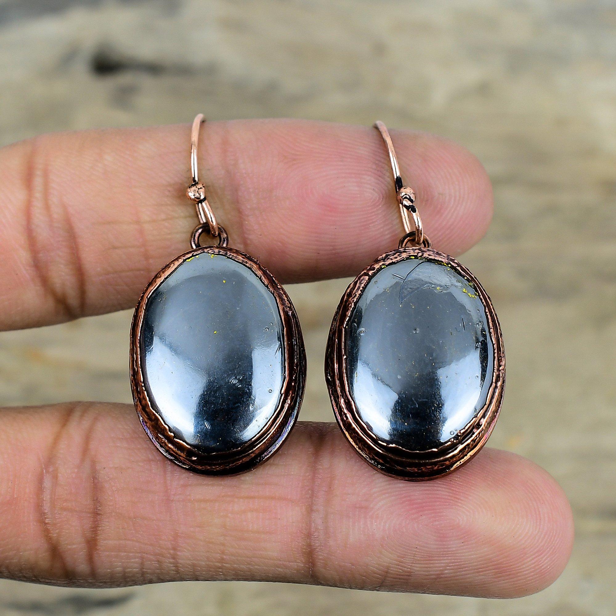 Серьги с драгоценным камнем из шунгита, медные серьги, полученные гальваническим способом, антикварные ювелирные изделия, серьги с камнем по случаю рождения, ювелирные изделия ручной работы, гальванические украшения, подарки на годовщину