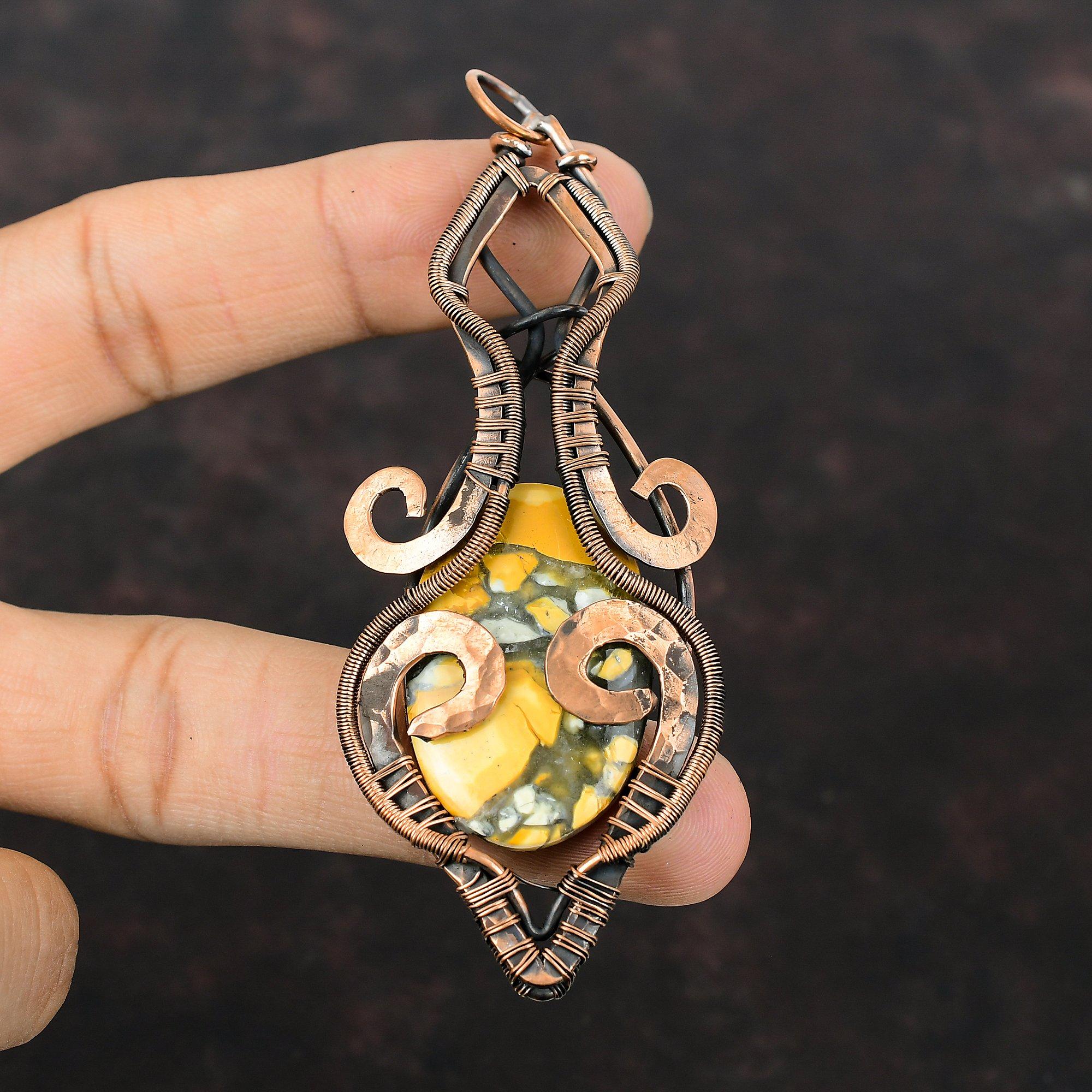 Подвеска из яшмы Малигано, кулон из медной проволоки, стильный кулон, драгоценный камень, медные украшения, кулон ручной работы, подарок для мамы, ювелирные изделия из проволочной обмотки