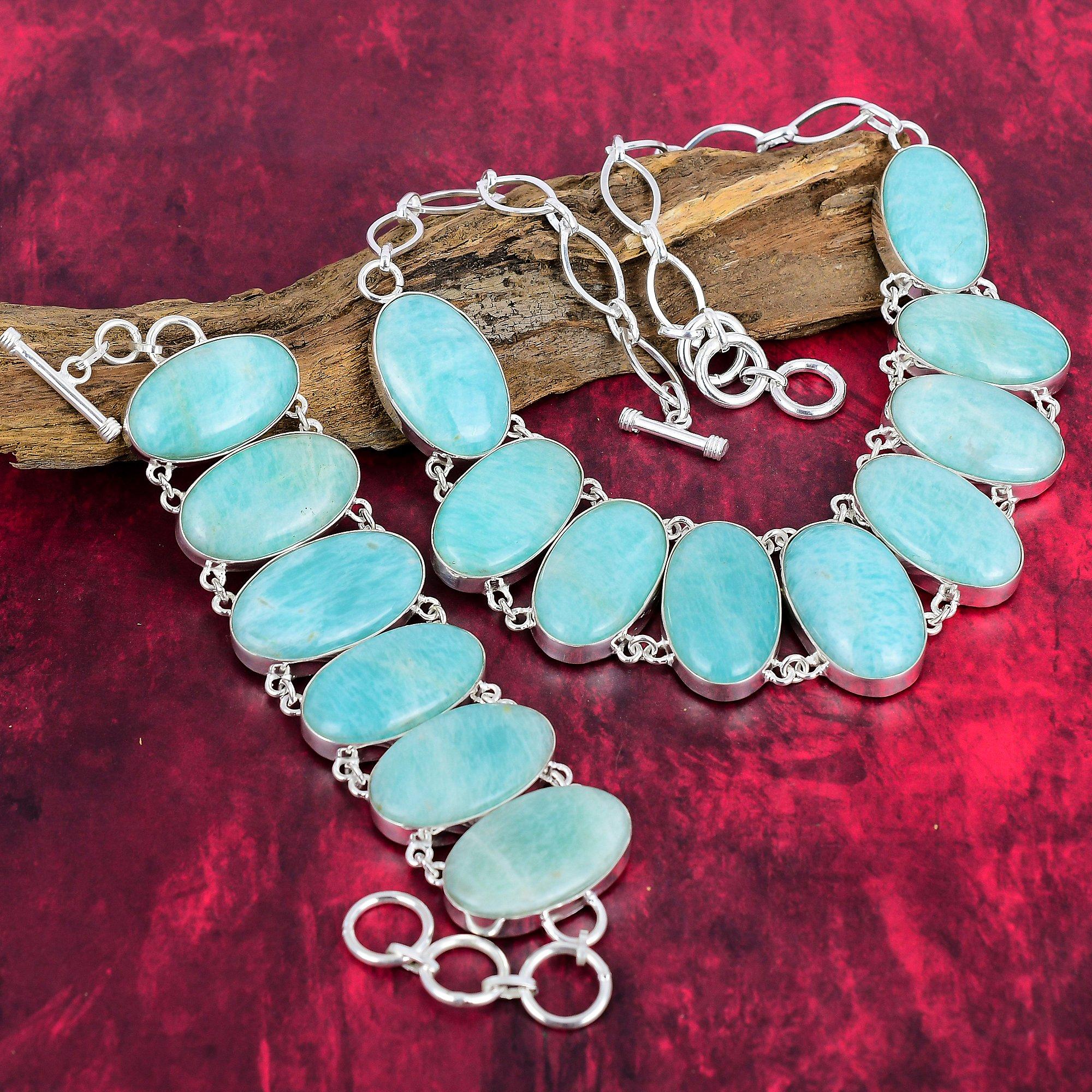Ювелирные изделия из амазонита, браслет и ожерелье из чистого серебра 925 пробы, комплект ювелирных изделий из драгоценных камней. Изысканный набор ювелирных цепочек, ювелирные изделия из амазонита ручной работы для подарка.