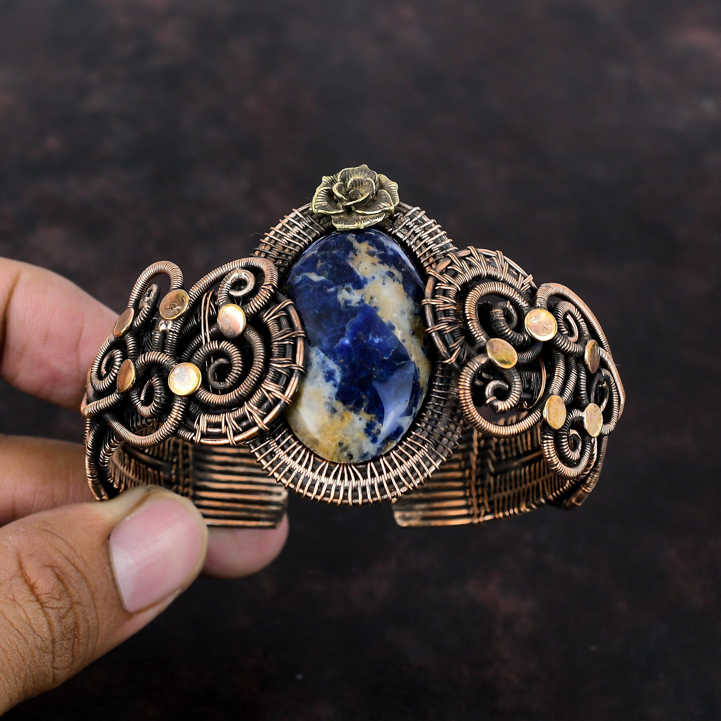 Браслет-манжета из содалита, медная проволока, регулируемый браслет, браслет ручной работы, браслет из драгоценных камней, браслет-манжета с цветком, медная проволока, ювелирное изделие, подарок для нее