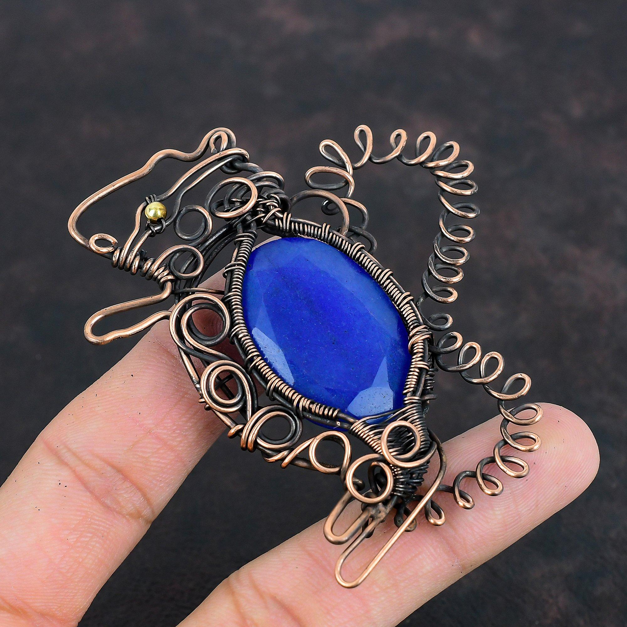 Граненый кулон из синего сапфира, кулон, обернутый медной проволокой, кулон с драгоценным камнем в виде кролика, ювелирные изделия с проволочным дизайном, медные ювелирные изделия ручной работы, подарки для нее