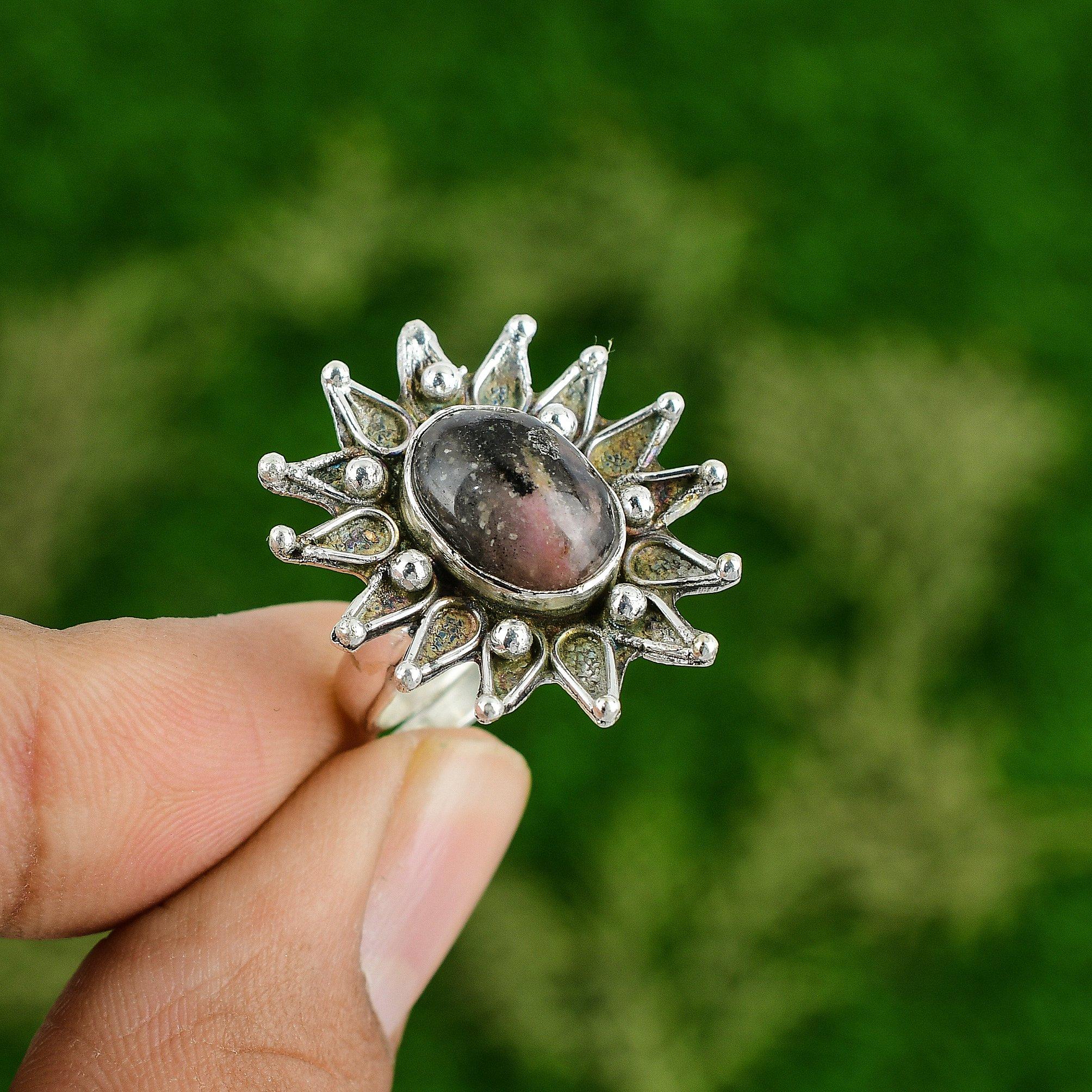 Sterling Silver Rhodonite Stone Engagement Boho Promise Flower Handcrafted Ring