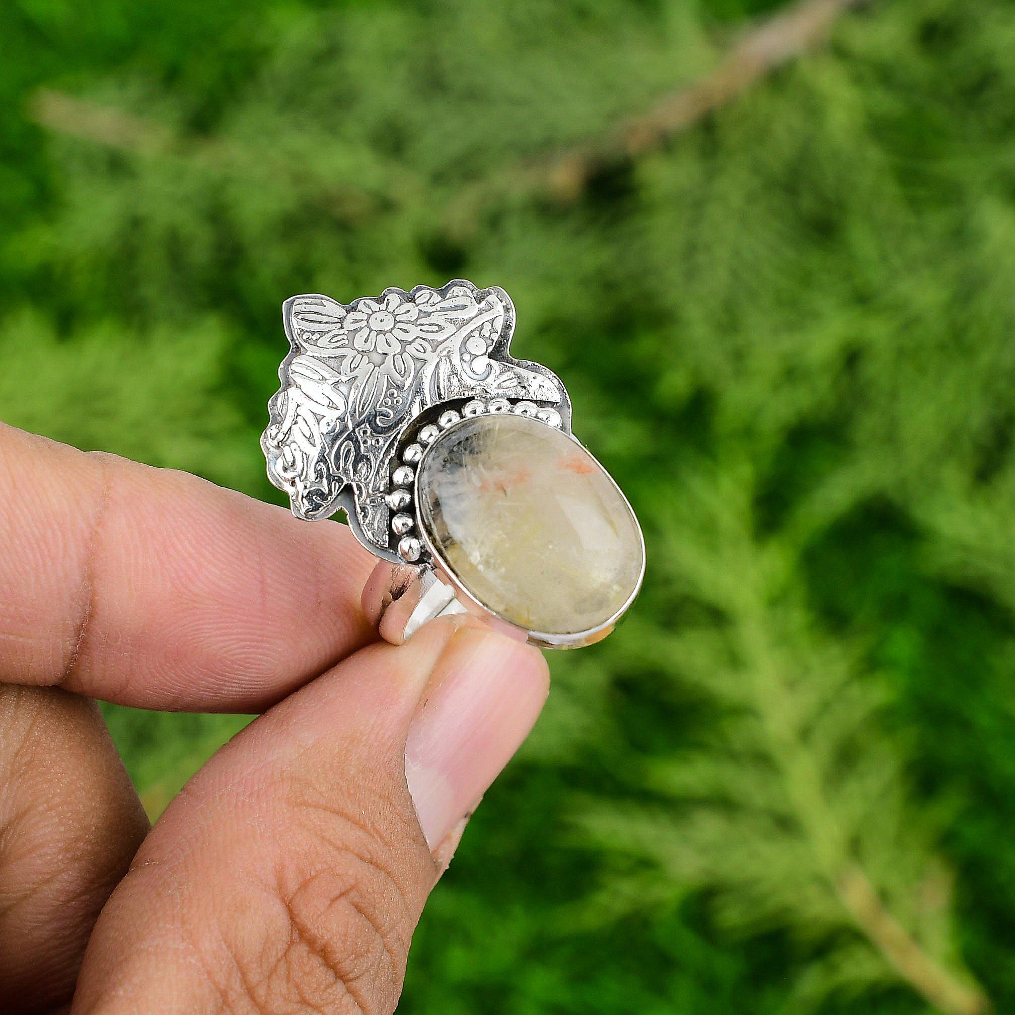 Golden Rutile Stone Promise Wedding Birthday Ring Jewelry 925 Sterling Silver