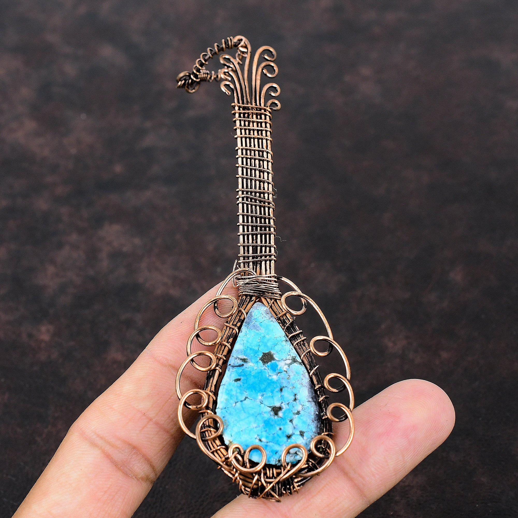 Tibetan Turquoise Pendant Copper Wire Wrapped Gemstone Pendant Handmade Pendant Copper Wire Wrapped Jewelry Guitar Pendant Jewelry For Gift