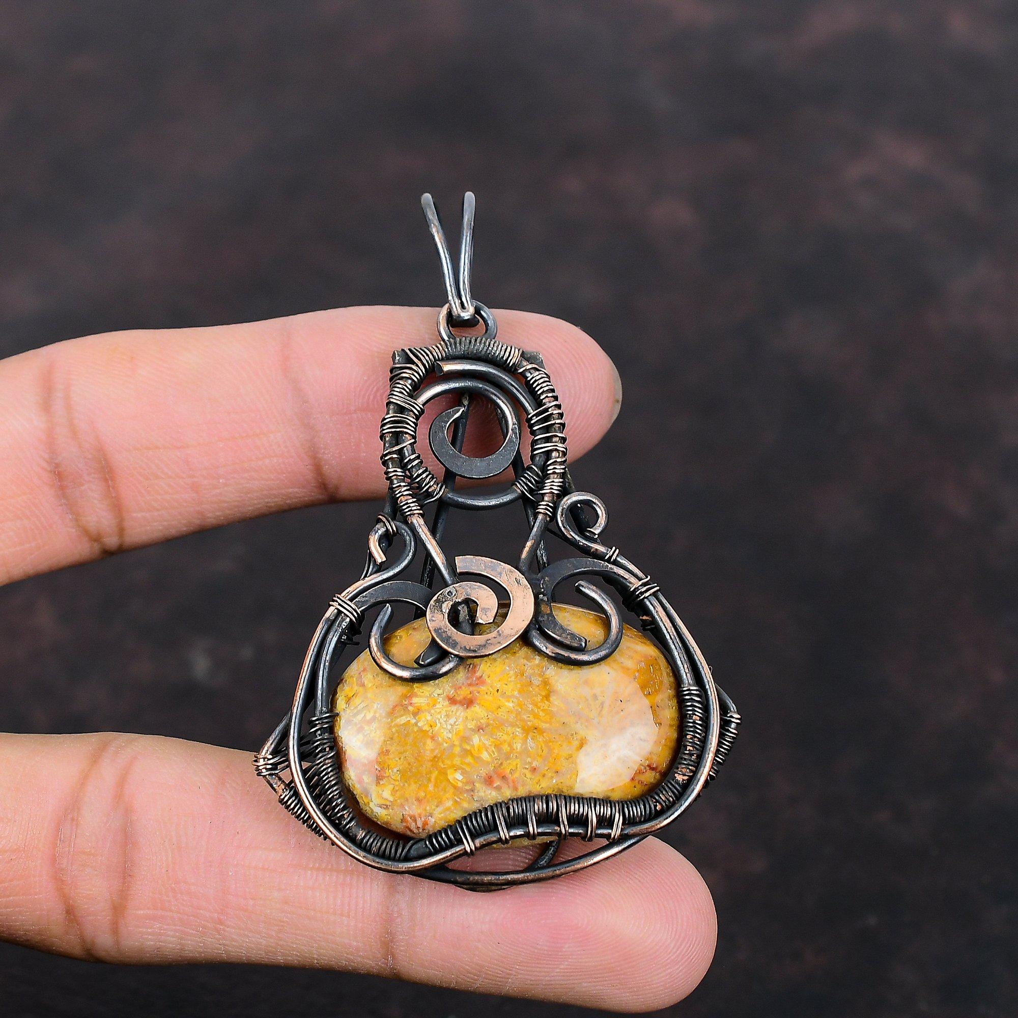 Кулон из ископаемого коралла, кулон в медной проволоке, антикварные медные украшения, кулон ручной работы из настоящего драгоценного камня, ювелирные изделия из ископаемого коралла, подарок на годовщину