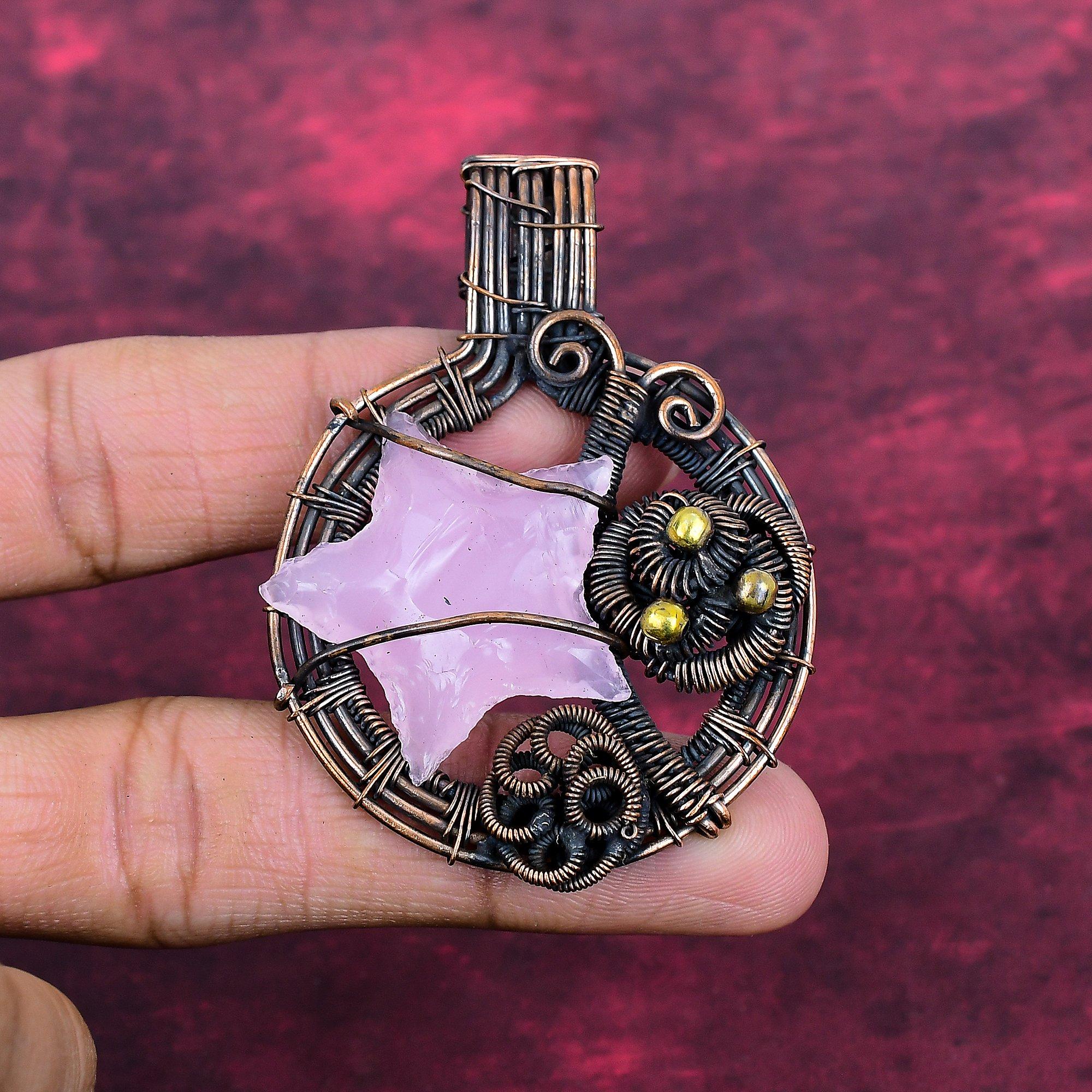 Pink Chalcedony Rough Gemstone Pendant Copper Wire Wrapped Jewelry Dainty Pendant