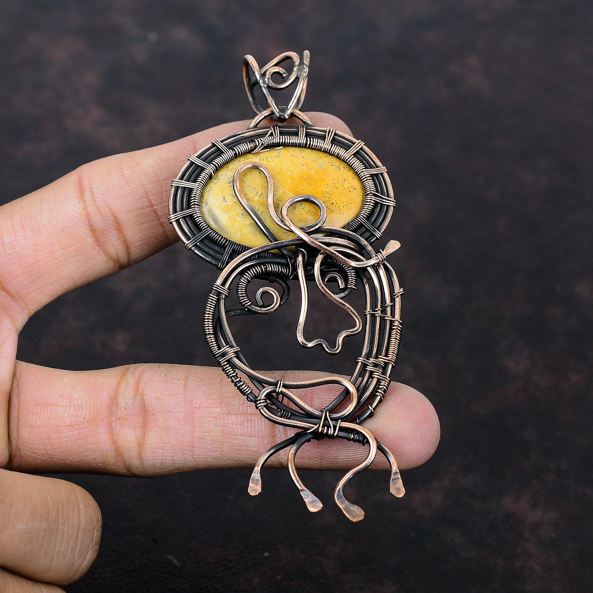 Подвеска из ископаемого коралла, обернутая медной проволокой, подвеска из настоящего драгоценного камня, потрясающая медная бижутерия, подвеска ручной работы из ископаемого коралла, ювелирные изделия для подарка