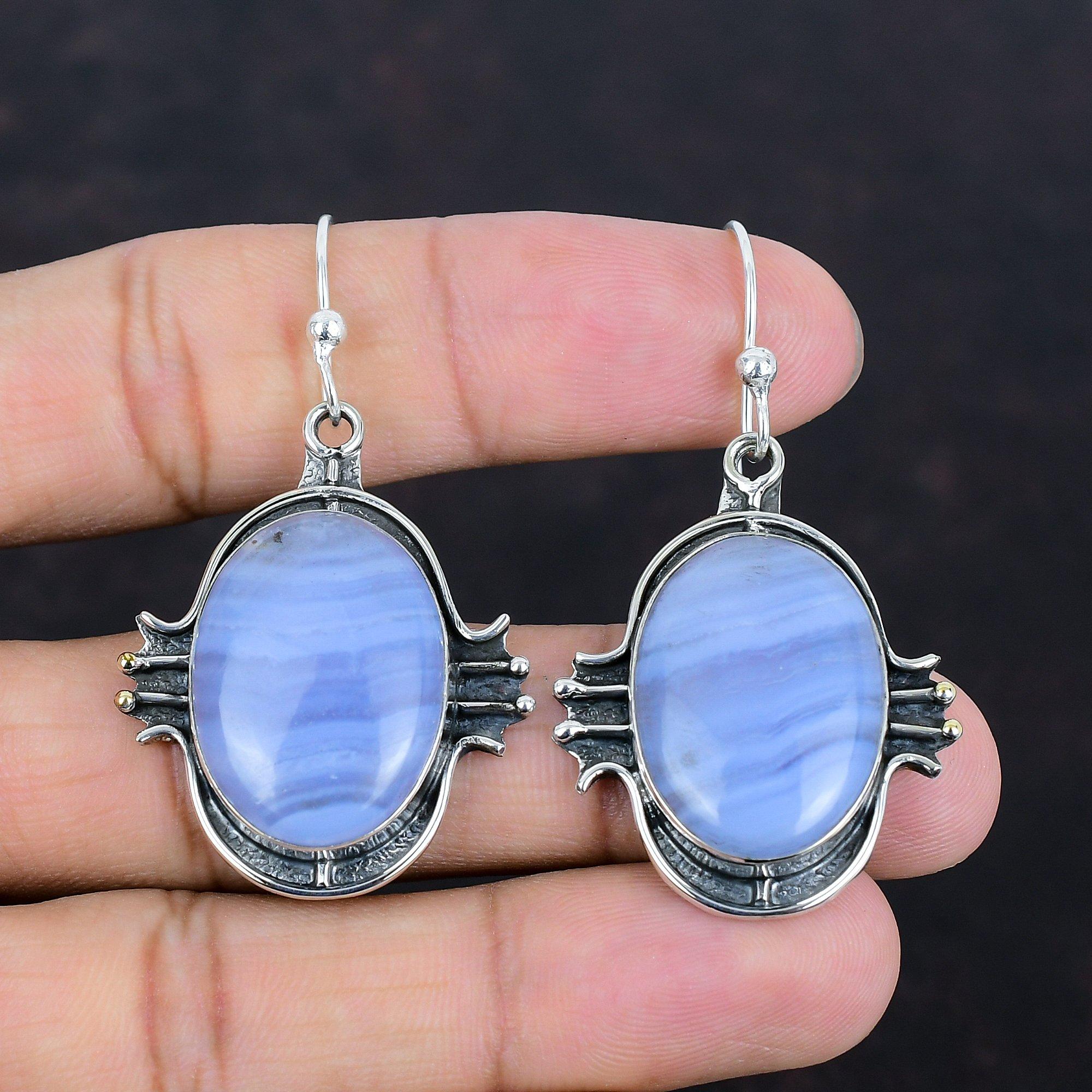 Blue Lace Agate Earrings Original Gemstone Jewelry 925 Sterling Silver Earrings Handmade Dangle Earring Engagement Gifts Brand New Earrings