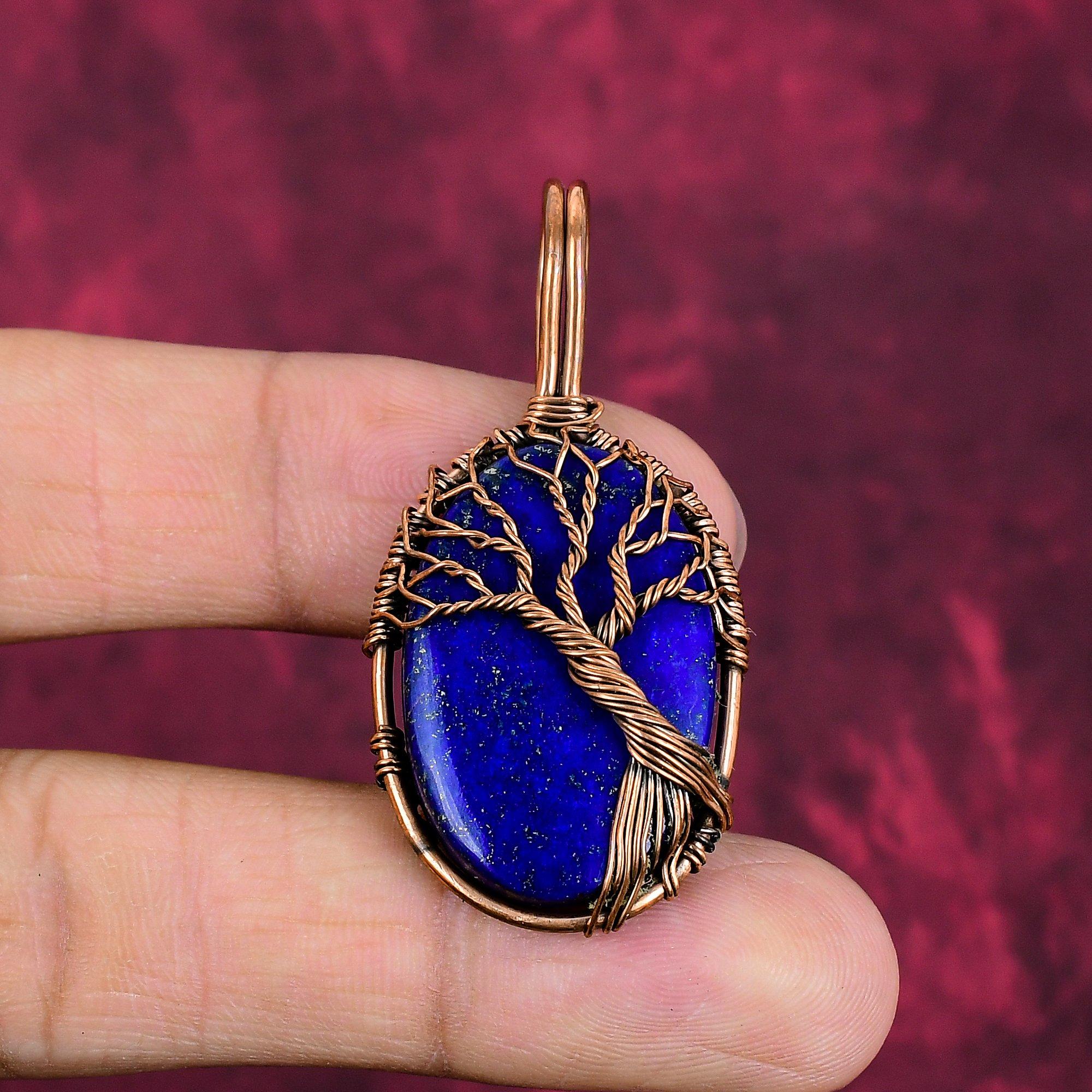 Tree Of Life Lapis Lazuli Gemstone Pendant Copper Wire Wrapped Handmade Jewelry