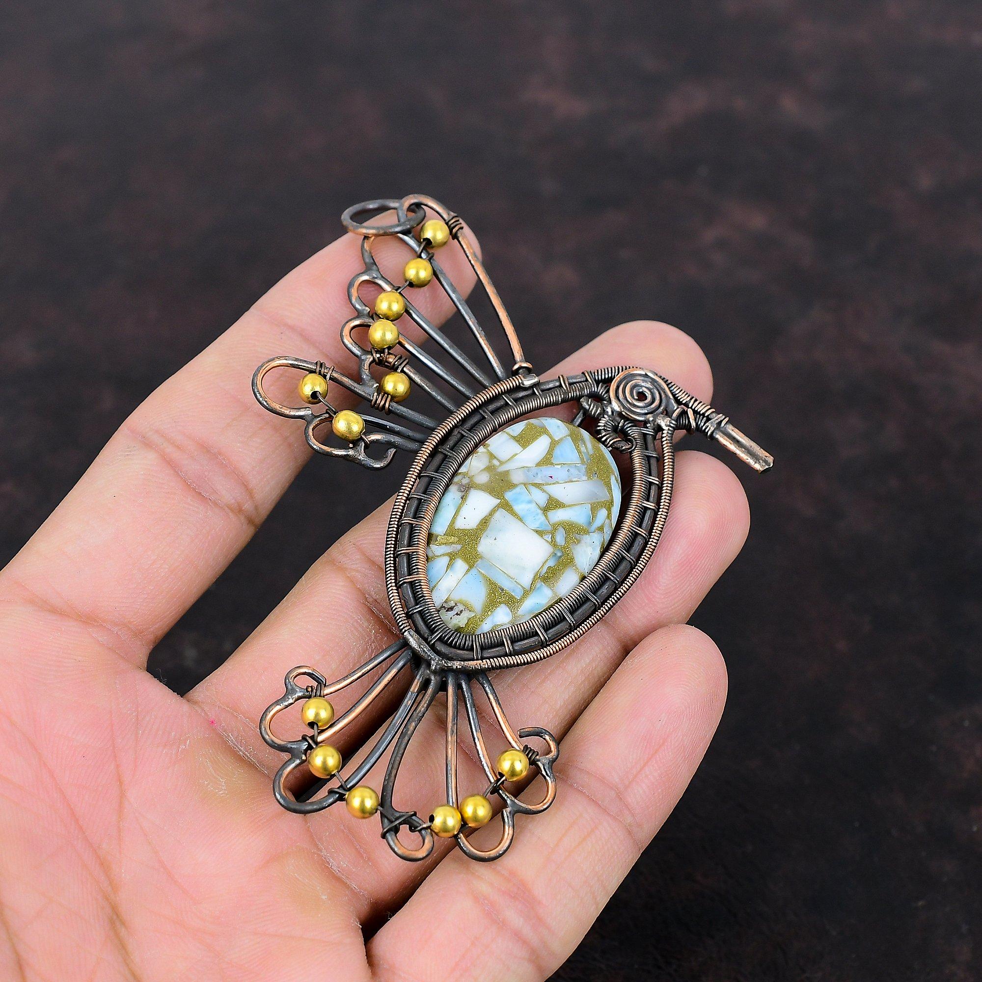 Медный кулон-ларимар, обернутый медной проволокой, кулон с драгоценным камнем. Изысканные медные украшения, кулон-птица. Кулон ручной работы. Ларимар. Ювелирный подарок для нее.