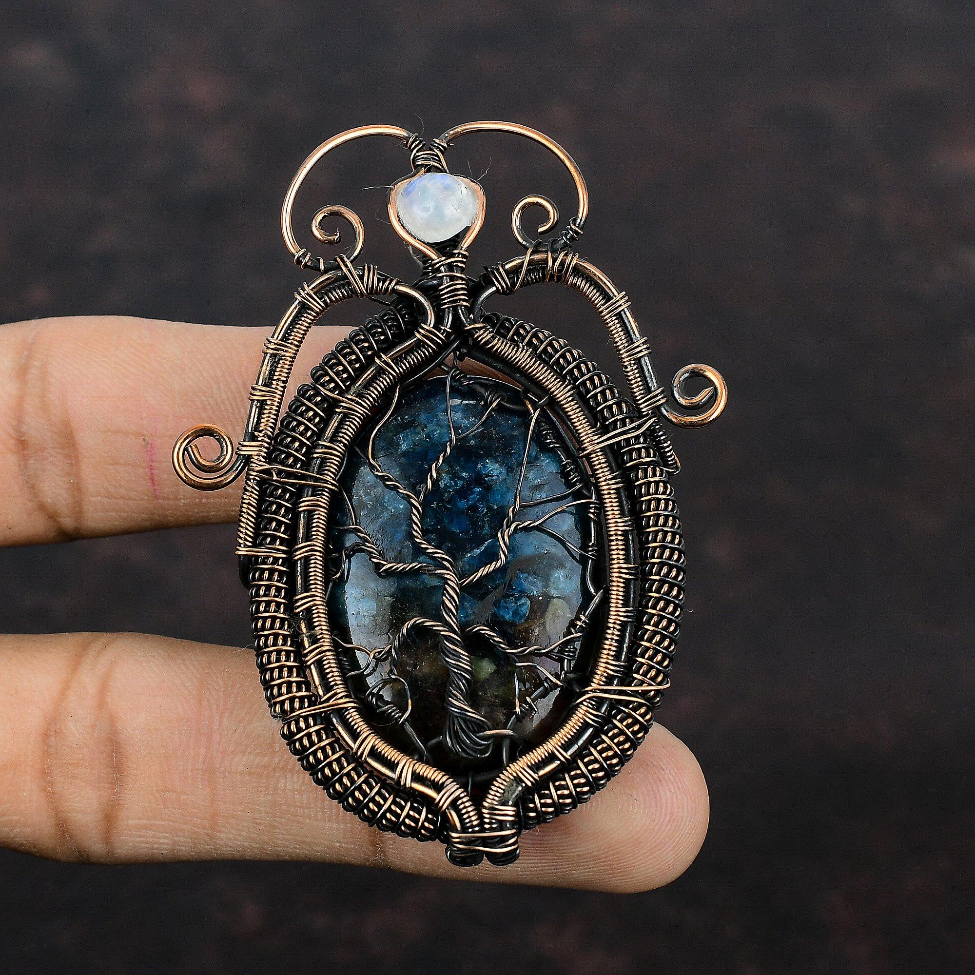 Древо жизни арбуз турмалин кулон медная проволока обернутый кулон драгоценный камень кулон лунный камень ручной работы медные украшения для подарка