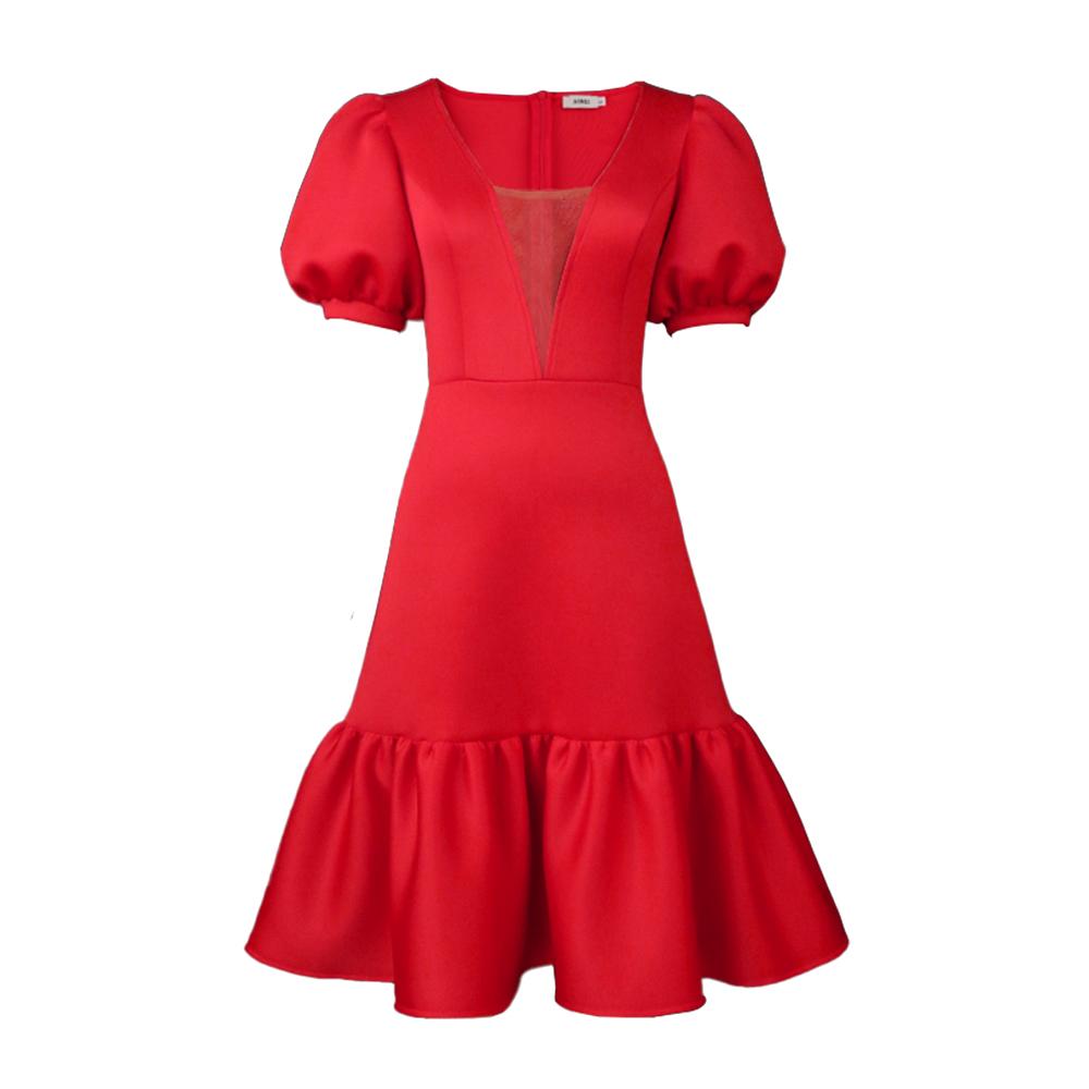 AOMEI Красные платья трапециевидной формы с V-образным вырезом и пышными рукавами с высокой талией, плиссированные длиной до колена, вечерние клубные наряды для выпускного вечера, вечерние платья