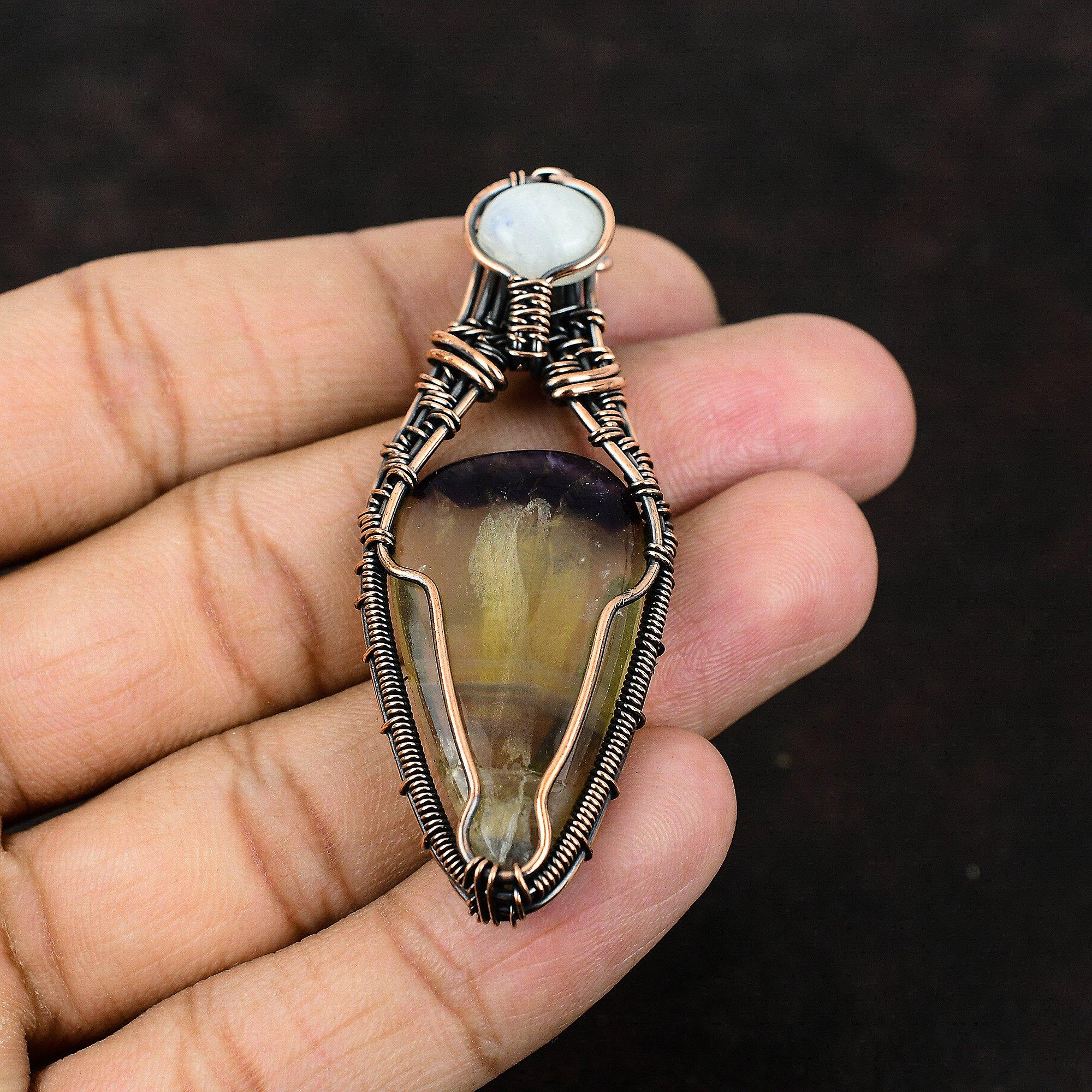 Подвеска из медной проволоки с разноцветным флюоритом и драгоценным камнем, радужная медная бижутерия с лунным камнем, дизайнерские украшения ручной работы, подарок для матери, бижутерия из проволоки