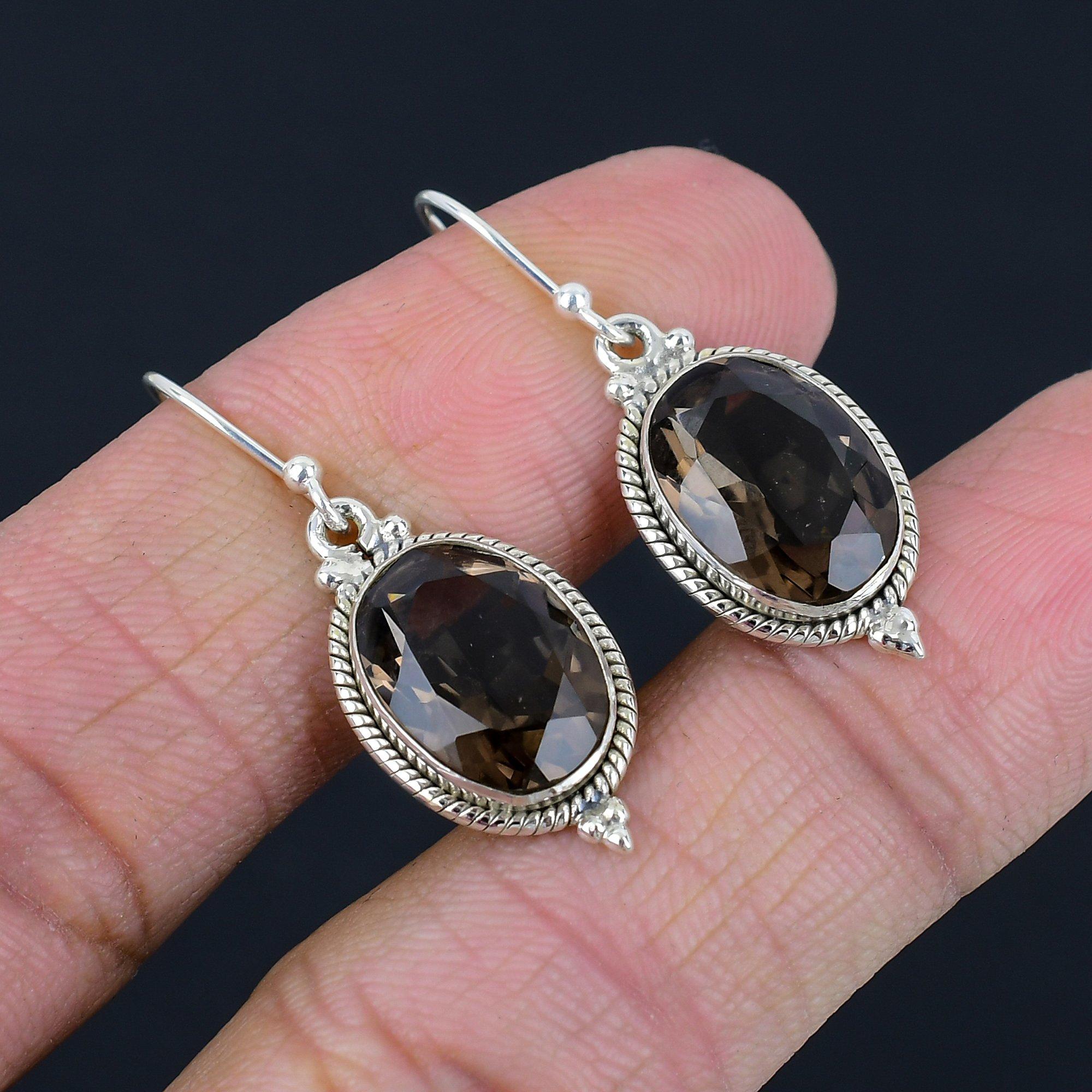 Серьги с граненым дымчатым кварцем, однотонные серьги из стерлингового серебра 925 пробы ручной работы, висячие серьги ручной работы, ювелирные изделия, подарок для женщин и девочек